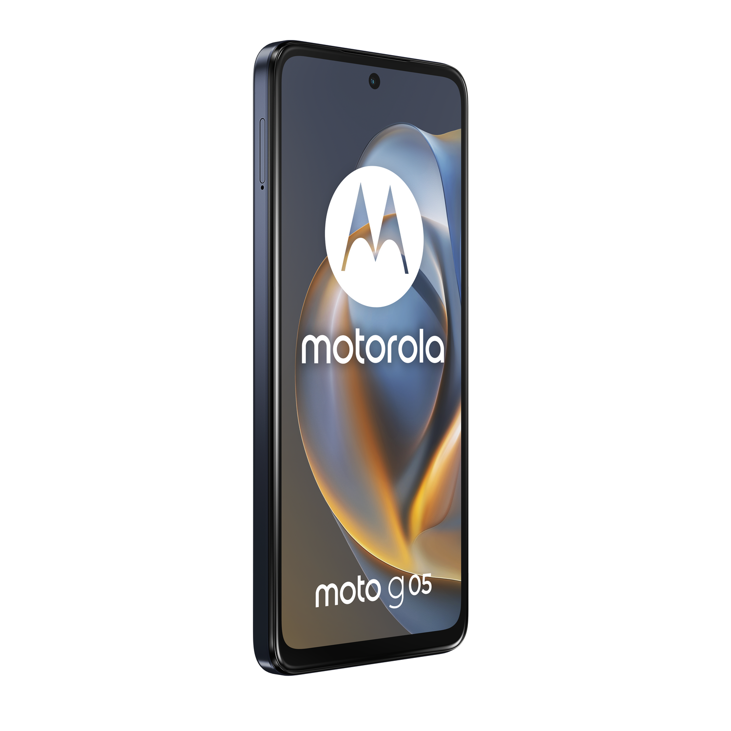 Un smartphone Motorola Moto G05 oscuro con un logo estilizado en su pantalla.