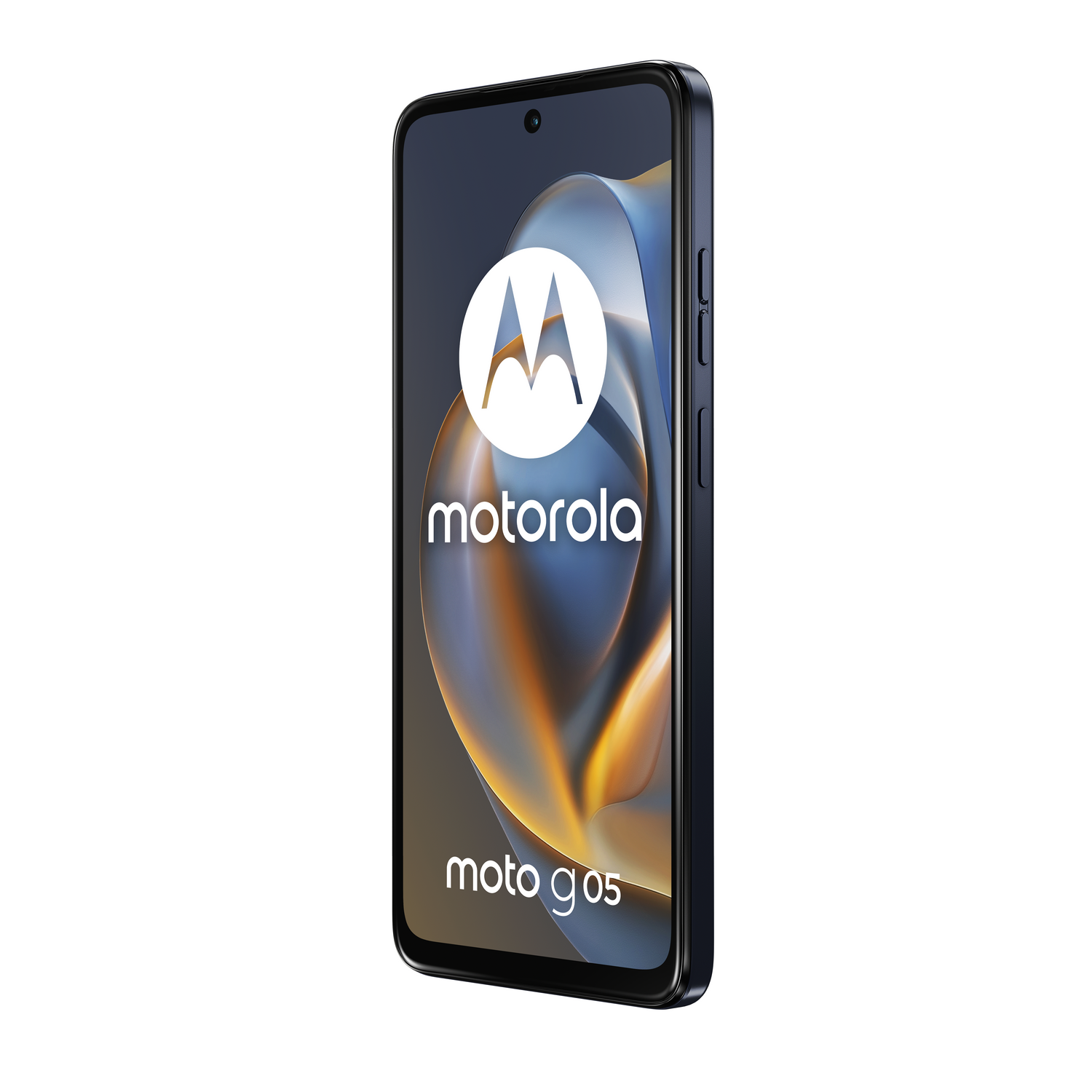 Un smartphone Motorola Moto G05 oscuro con un fondo estilizado.