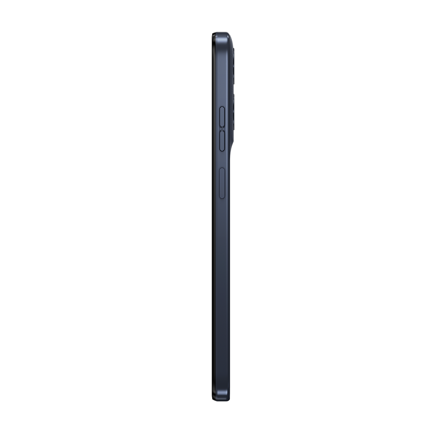 Teléfono inteligente azul oscuro de perfil con botones laterales.