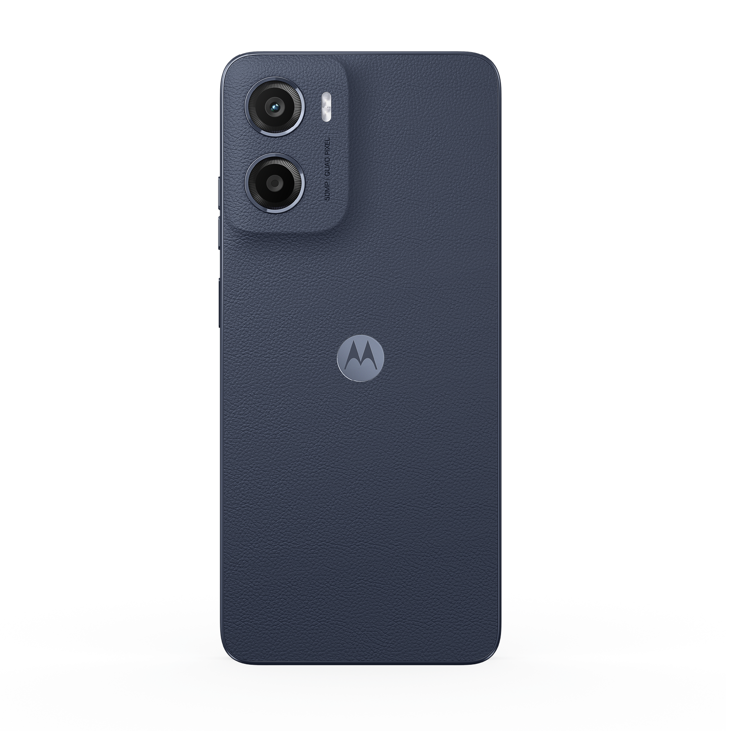Parte trasera de smartphone azul oscuro con doble cámara y logo Motorola.