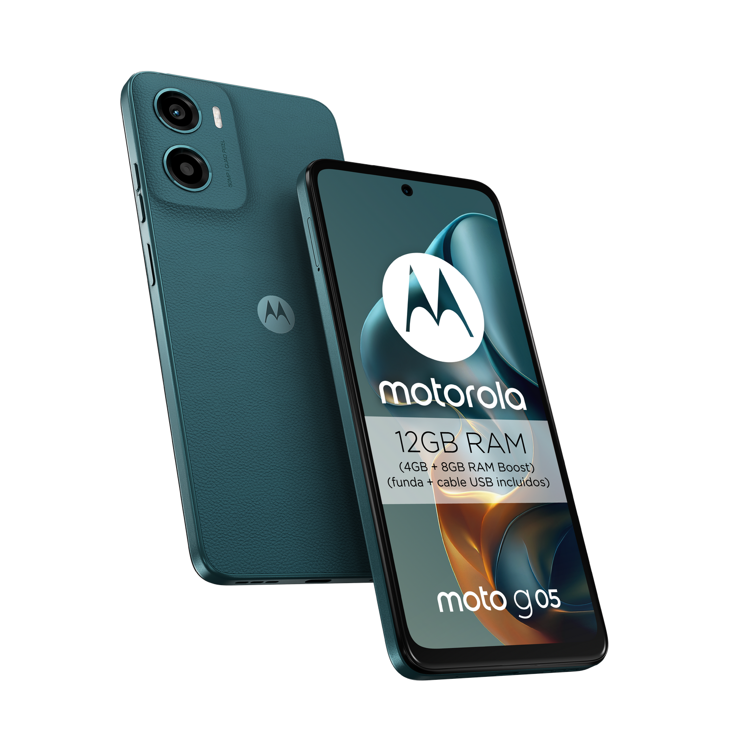 Dos smartphones Motorola Moto G05 color turquesa, uno muestra su parte trasera, el otro su pantalla.