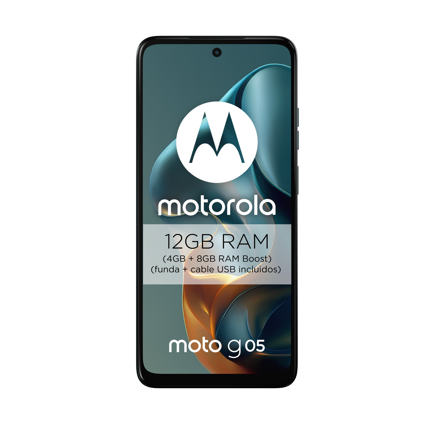 Smartphone Motorola moto g05 con 12GB de RAM y logo Motorola.