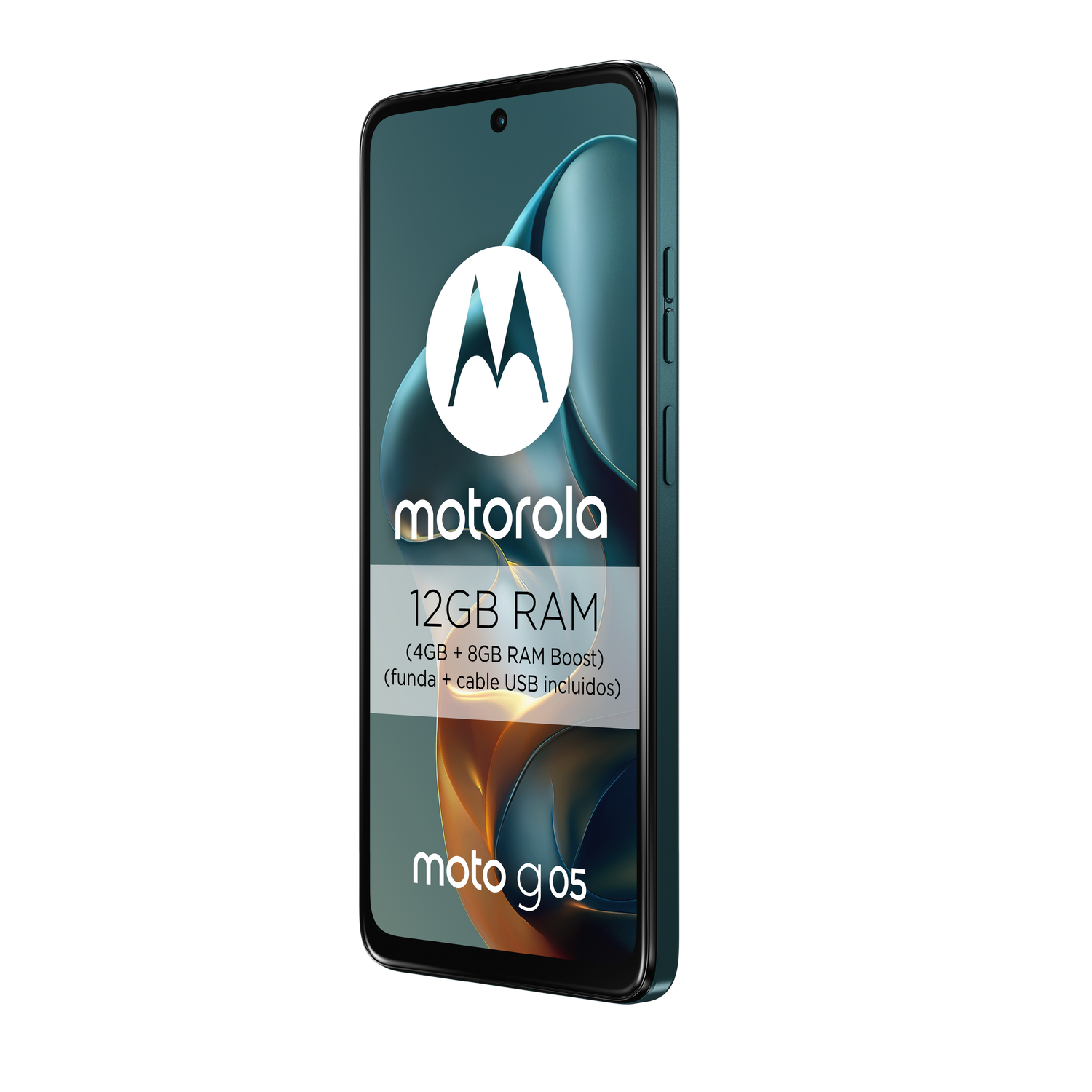 Teléfono Motorola con 12GB RAM, marca moto g05. Fondo negro.
