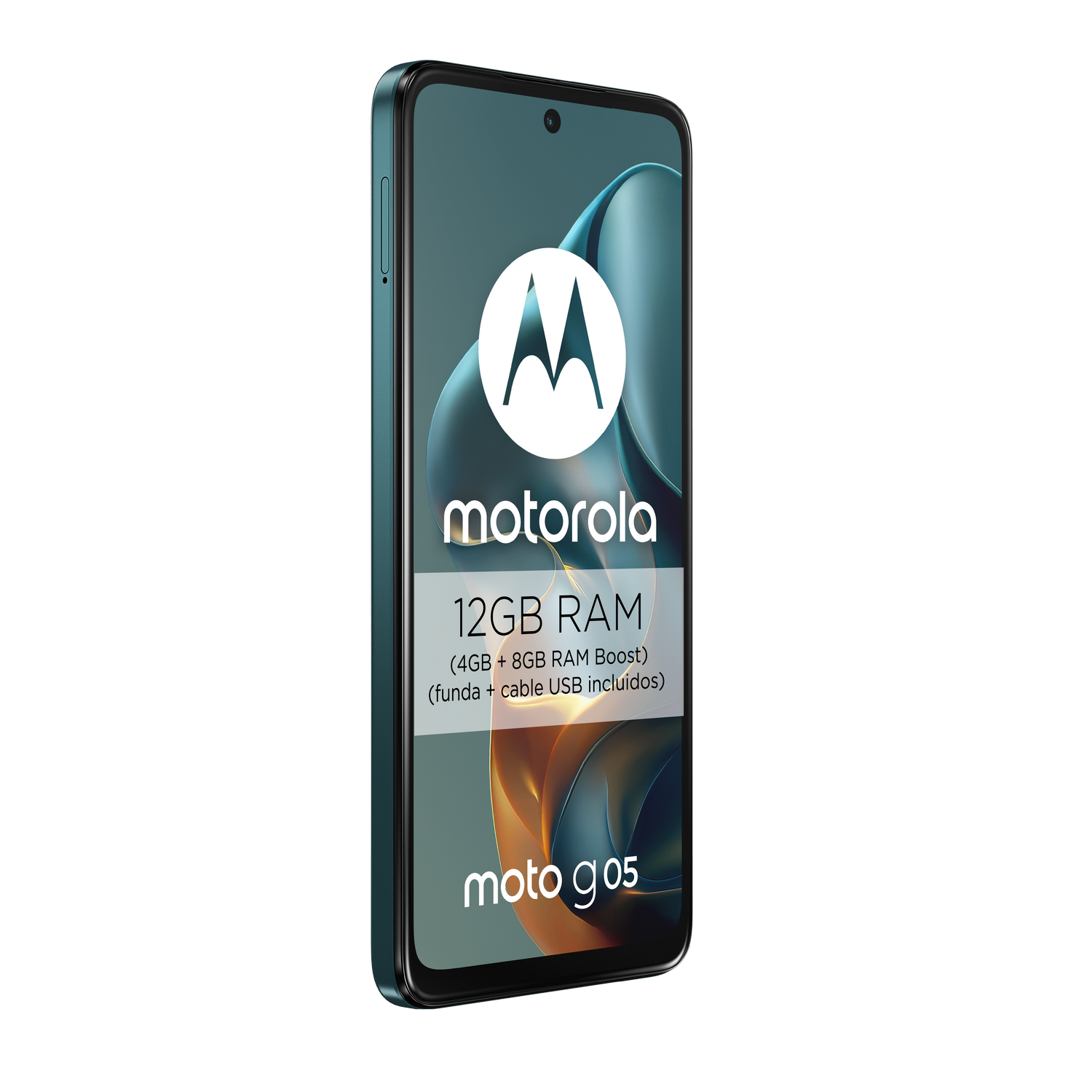 Se muestra un smartphone Motorola Moto G05 verde azulado con 12 GB de RAM.