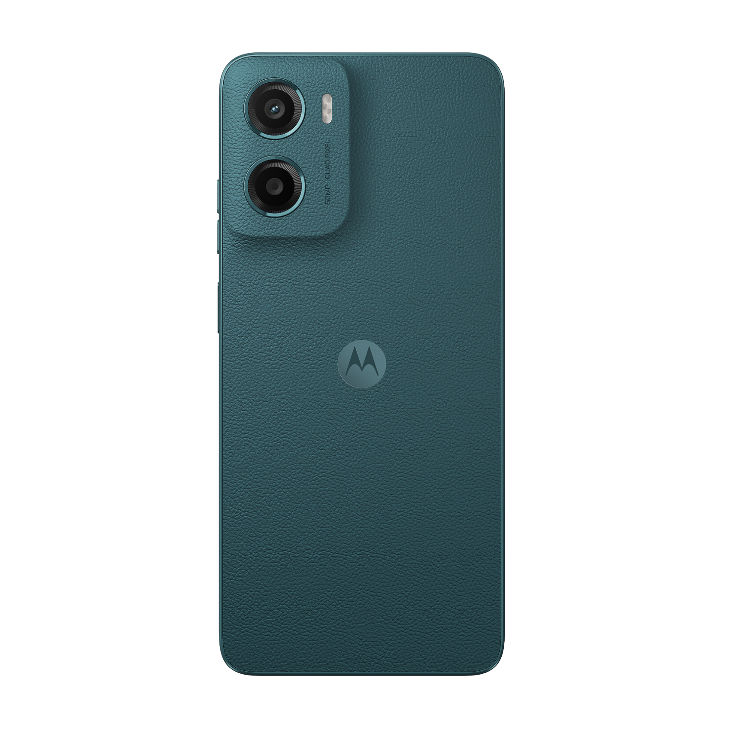 Parte trasera de un Motorola color verde azulado con dos cámaras y logo.
