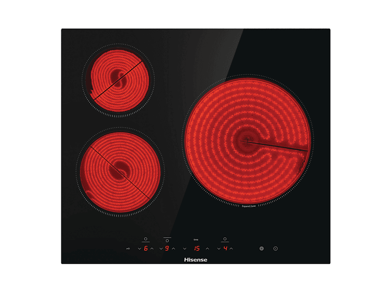 Hisense E6332BSCE, 3 zona(s), 30 cm Zona Grande, 59 Ancho, Temporizador, Control Táctil, Negro