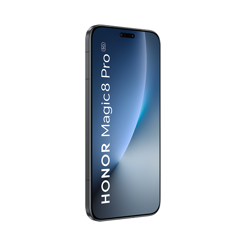 Un smartphone Honor Magic8 Pro 5G negro con fondo azul.
