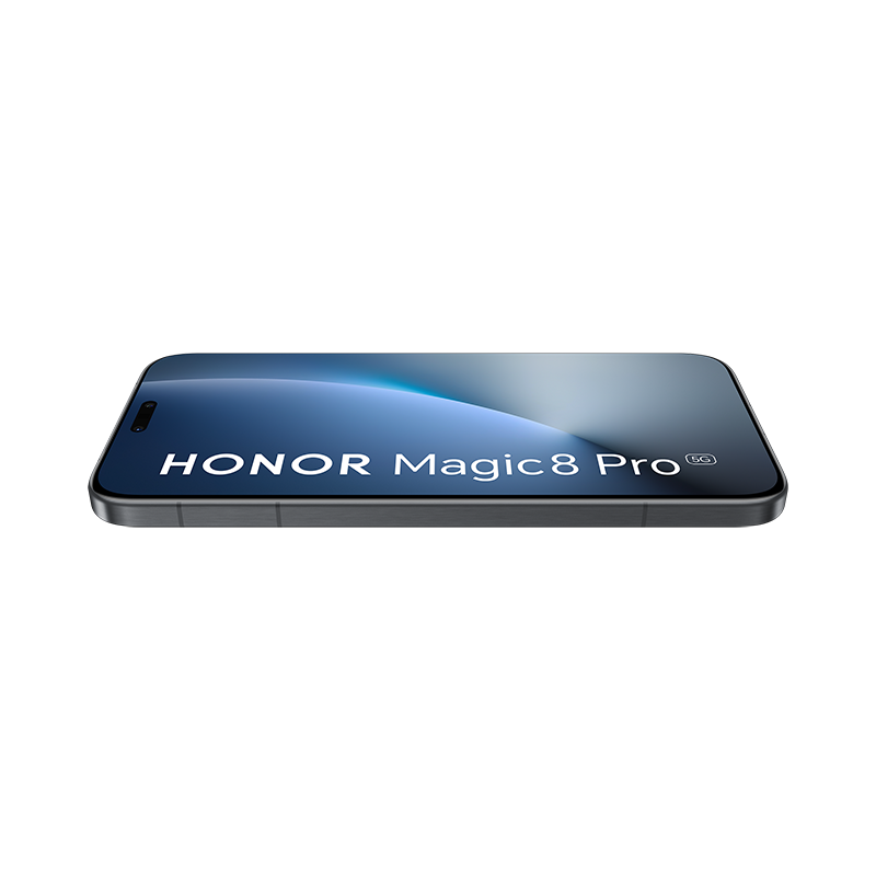 Un smartphone HONOR Magic8 Pro 5G yace sobre fondo negro.