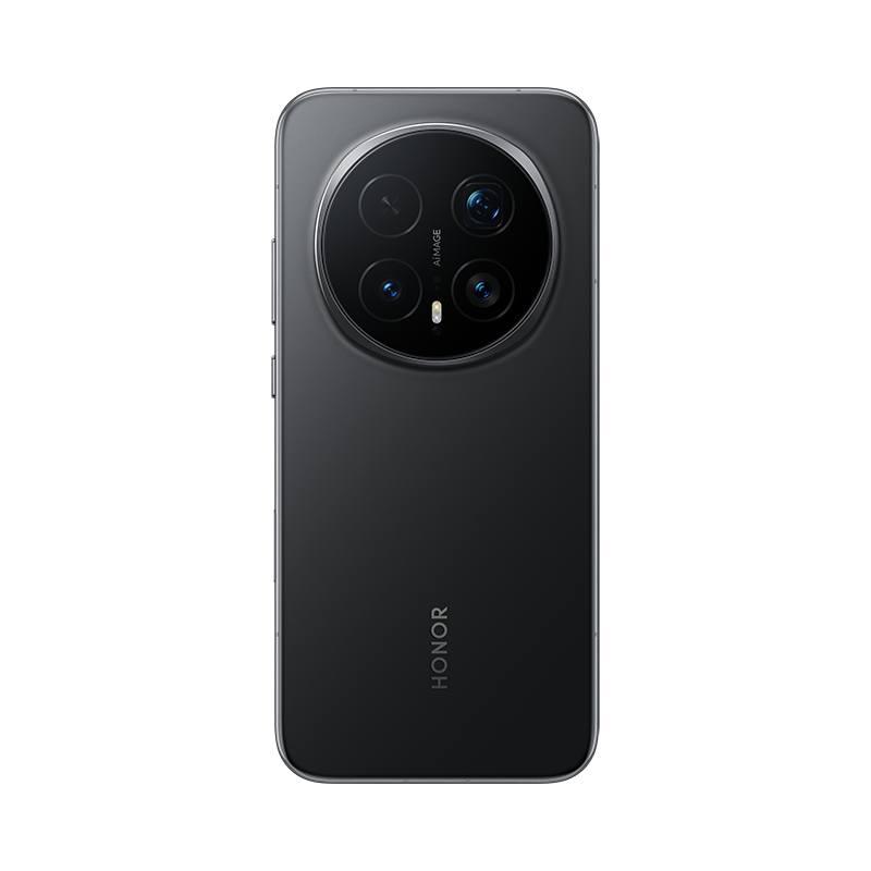 Parte trasera de un smartphone Honor negro con disposición de cámara redonda.