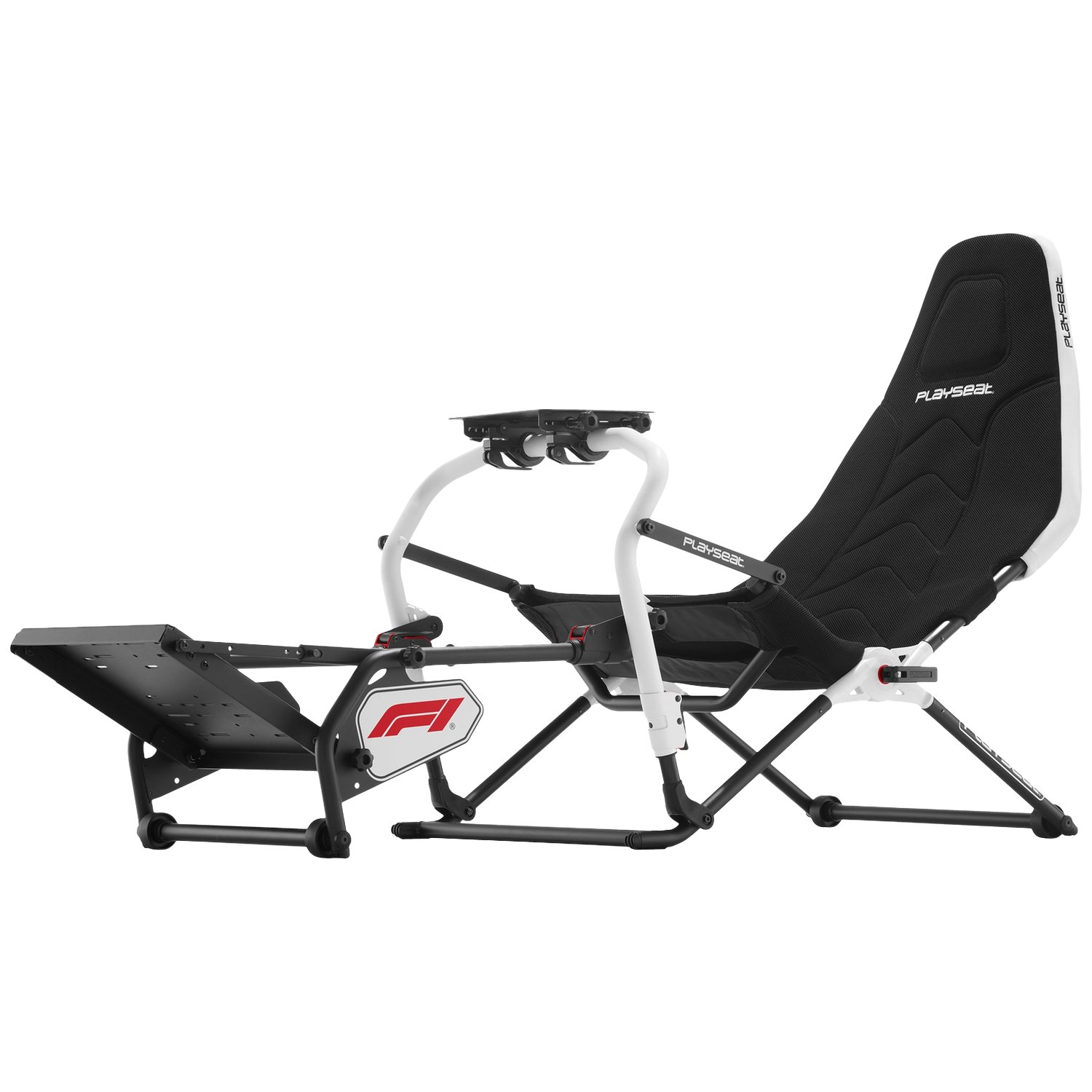 Siège de simulateur de course noir et blanc avec logo F1 et pédales réglables.
