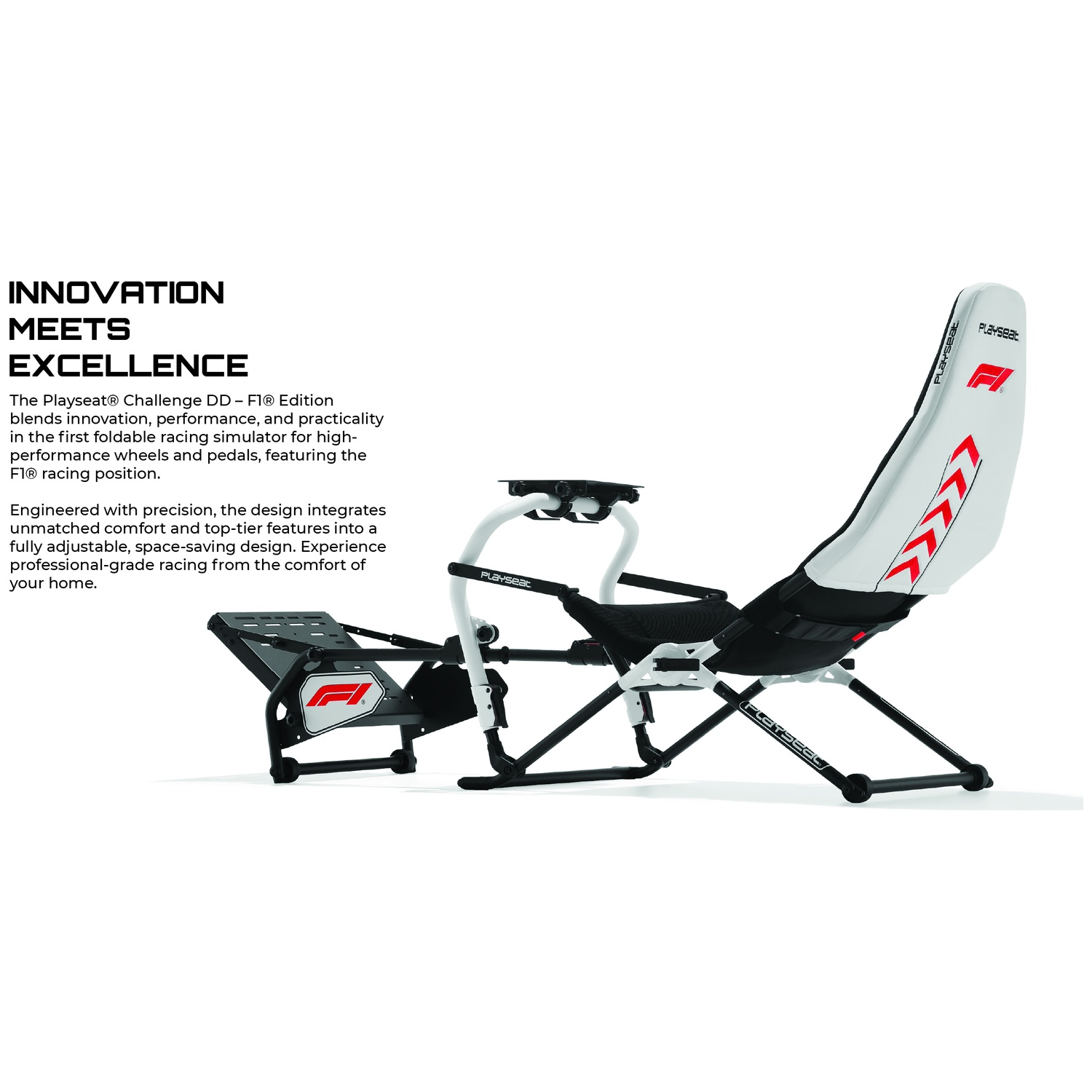 Un siège de simulateur de course blanc avec des accents noirs et des logos F1.