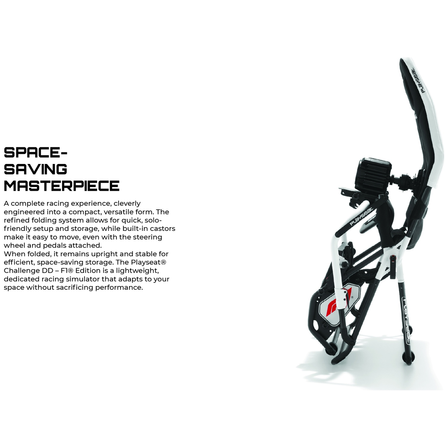 Un simulateur de course pliable noir et blanc avec logo F1, conçu pour gagner de la place.