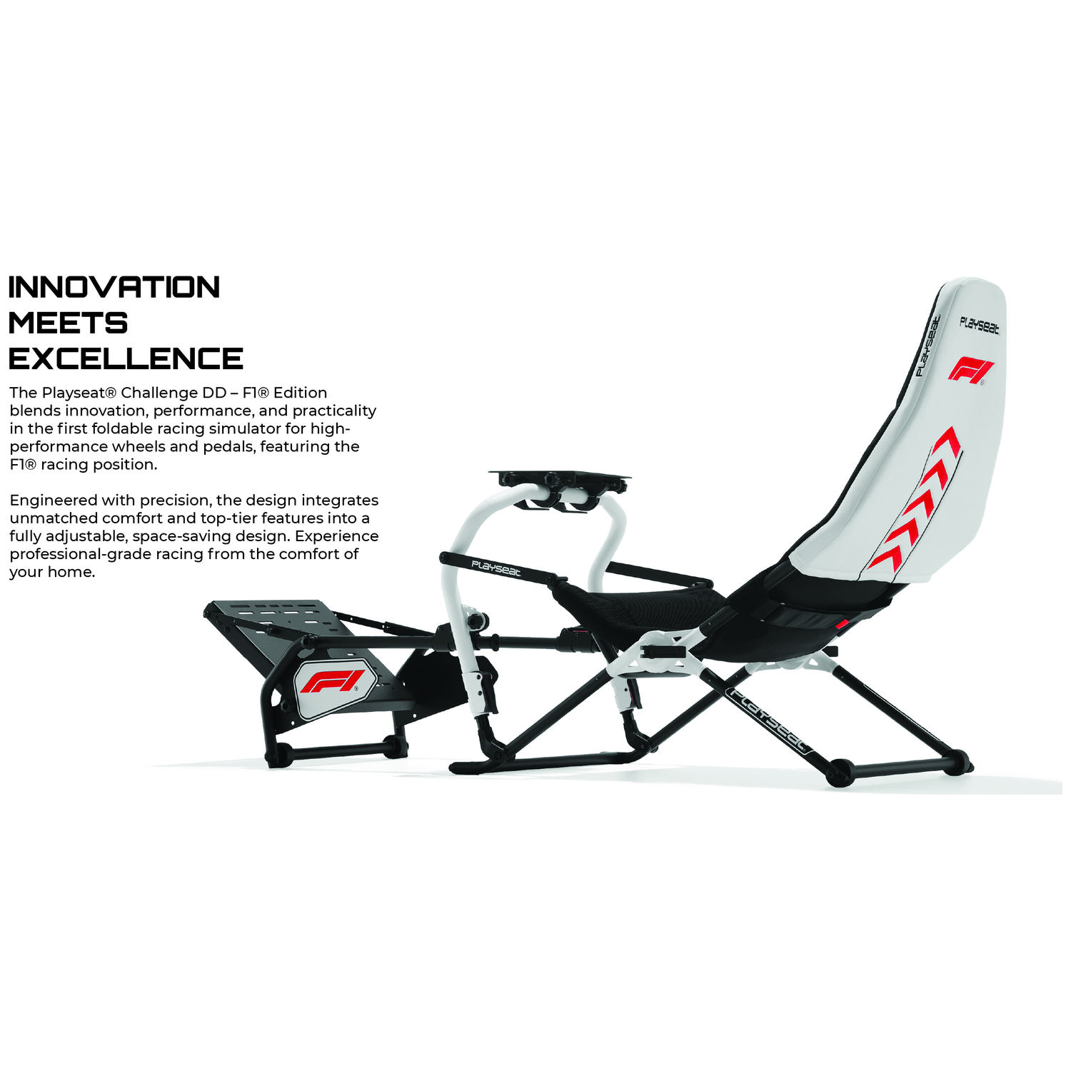 Een witte Formule 1 race simulator stoel met zwart frame en F1 logo's.