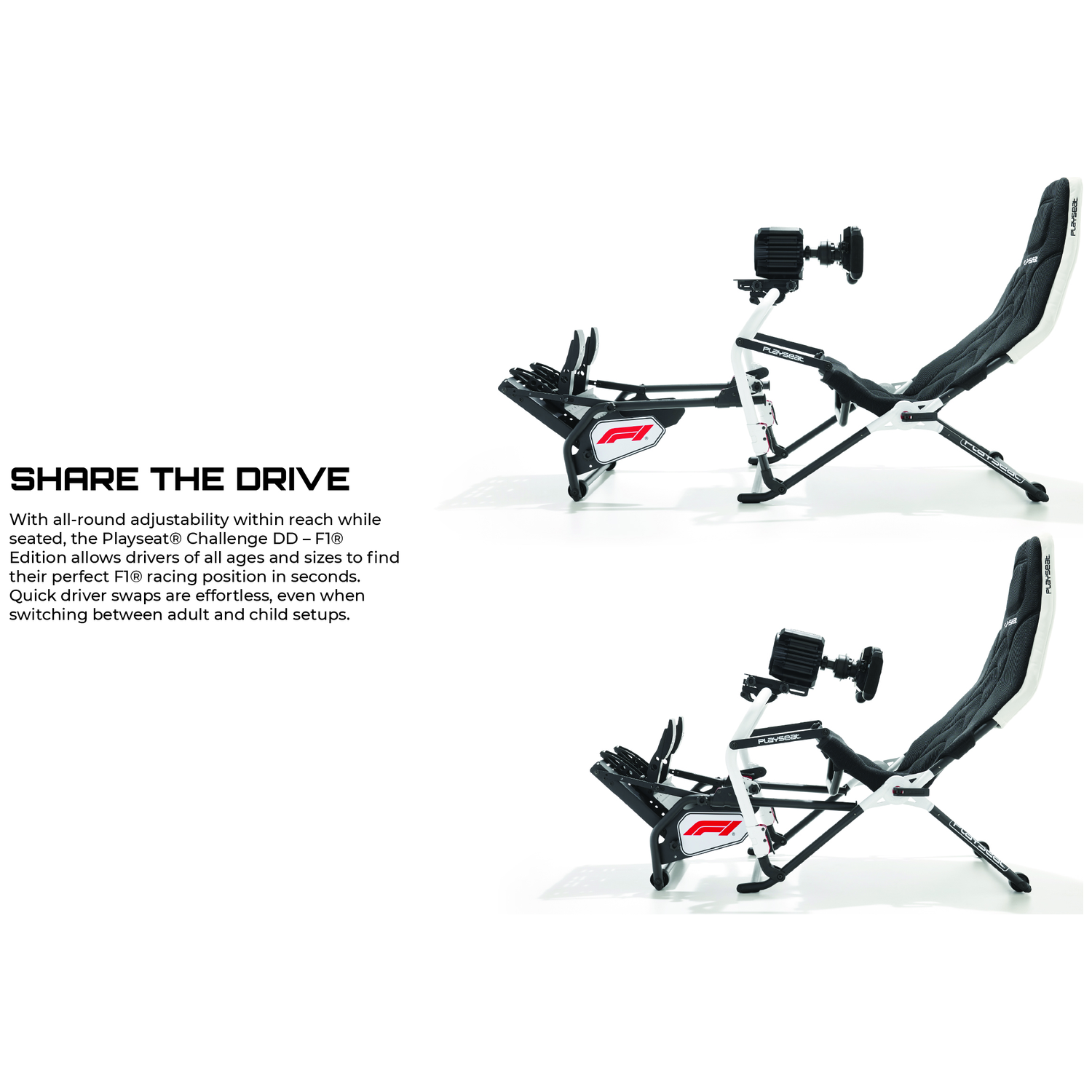 Een zwart-witte race simulator met F1-logo, verstelbaar voor verschillende bestuurdersmaten.