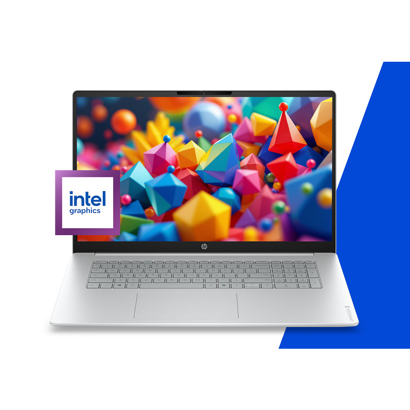 Ein silberner Laptop mit buntem 3D-Hintergrund und Intel-Grafiklogo.