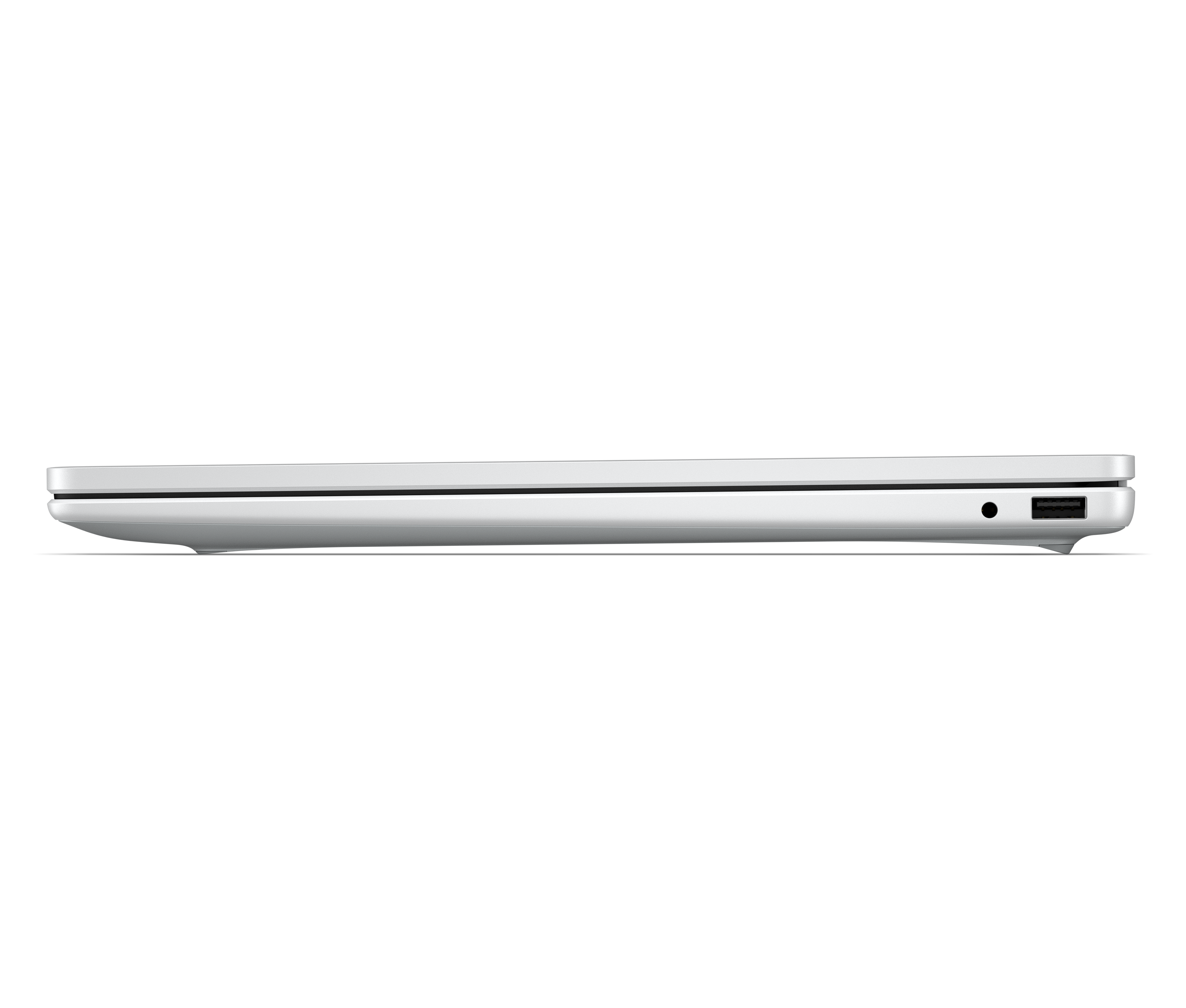 Seite eines weißen Laptops mit USB- und Audioanschluss, schwarzer Hintergrund.