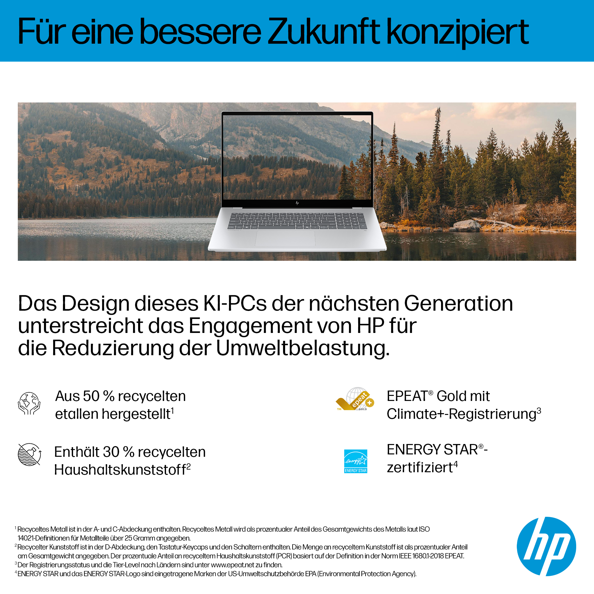Ein Laptop steht vor einer Bergkulisse mit einem See. HP-Logo unten rechts.