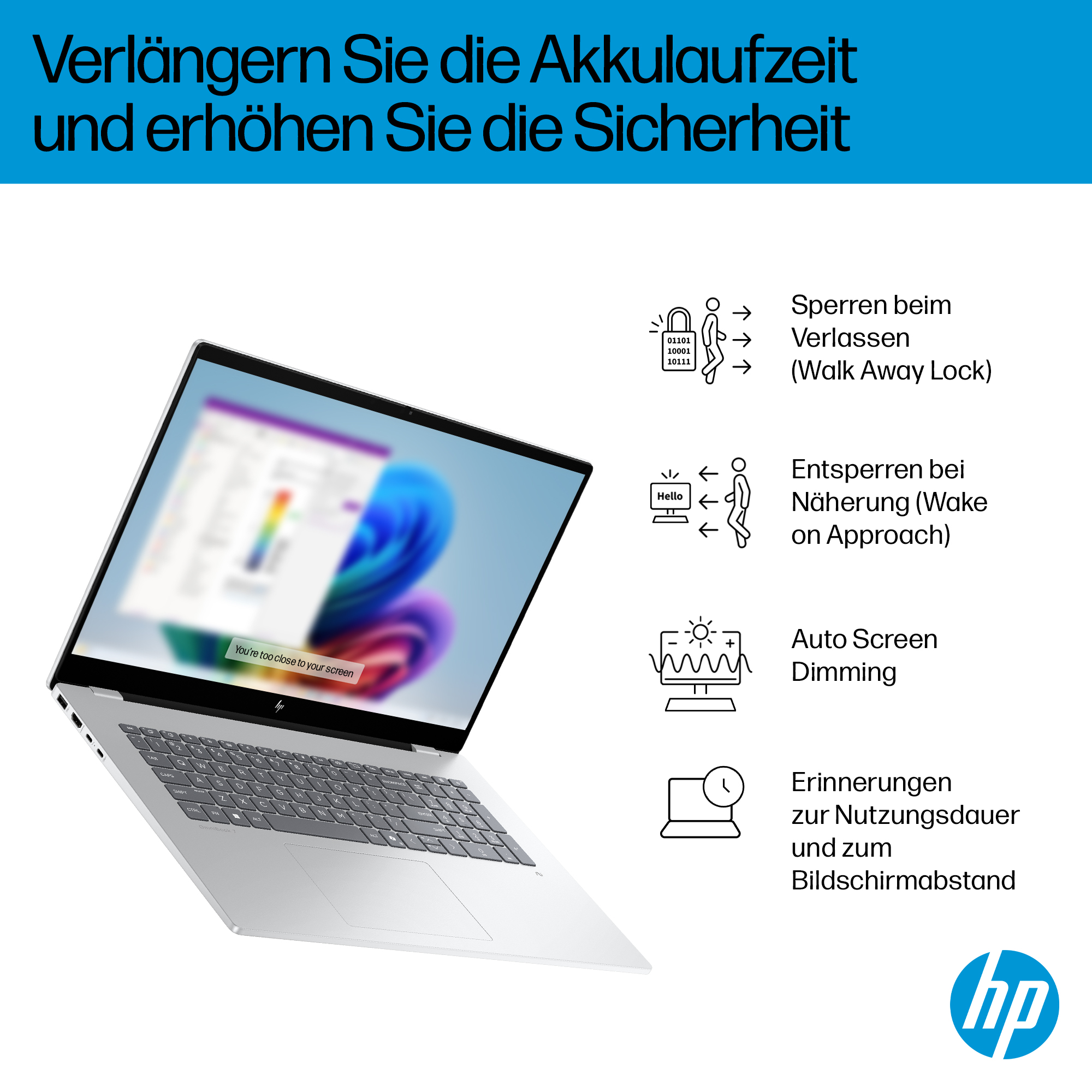 Ein silberner Laptop mit Infografiken zu Akkufunktionen.