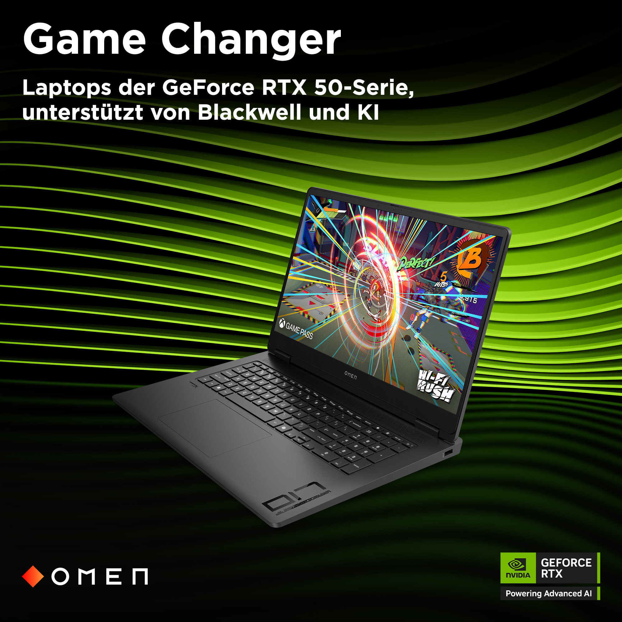 Ein Laptop mit hellem Bildschirm, auf dem ein buntes Spiel läuft, im Vordergrund.