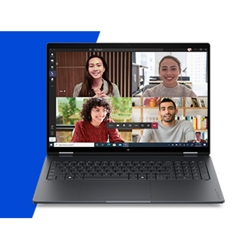 Laptop zeigt vier Personen in einem Videoanruf. Dunkler Hintergrund, Tastatur sichtbar.