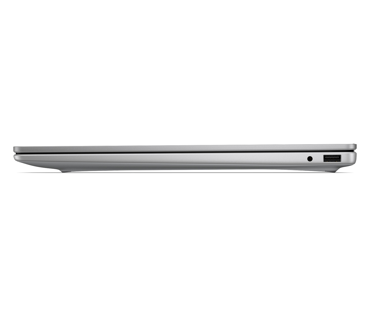Silberner Laptop im Profil, mit USB-Anschluss und Kopfhörerbuchse.