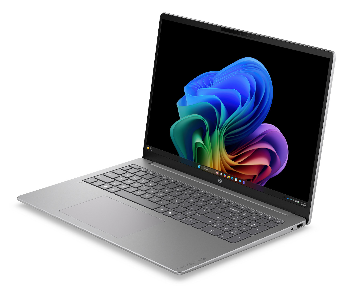 Ein silberner HP Laptop ist geöffnet und zeigt ein farbenfrohes abstraktes Hintergrundbild.