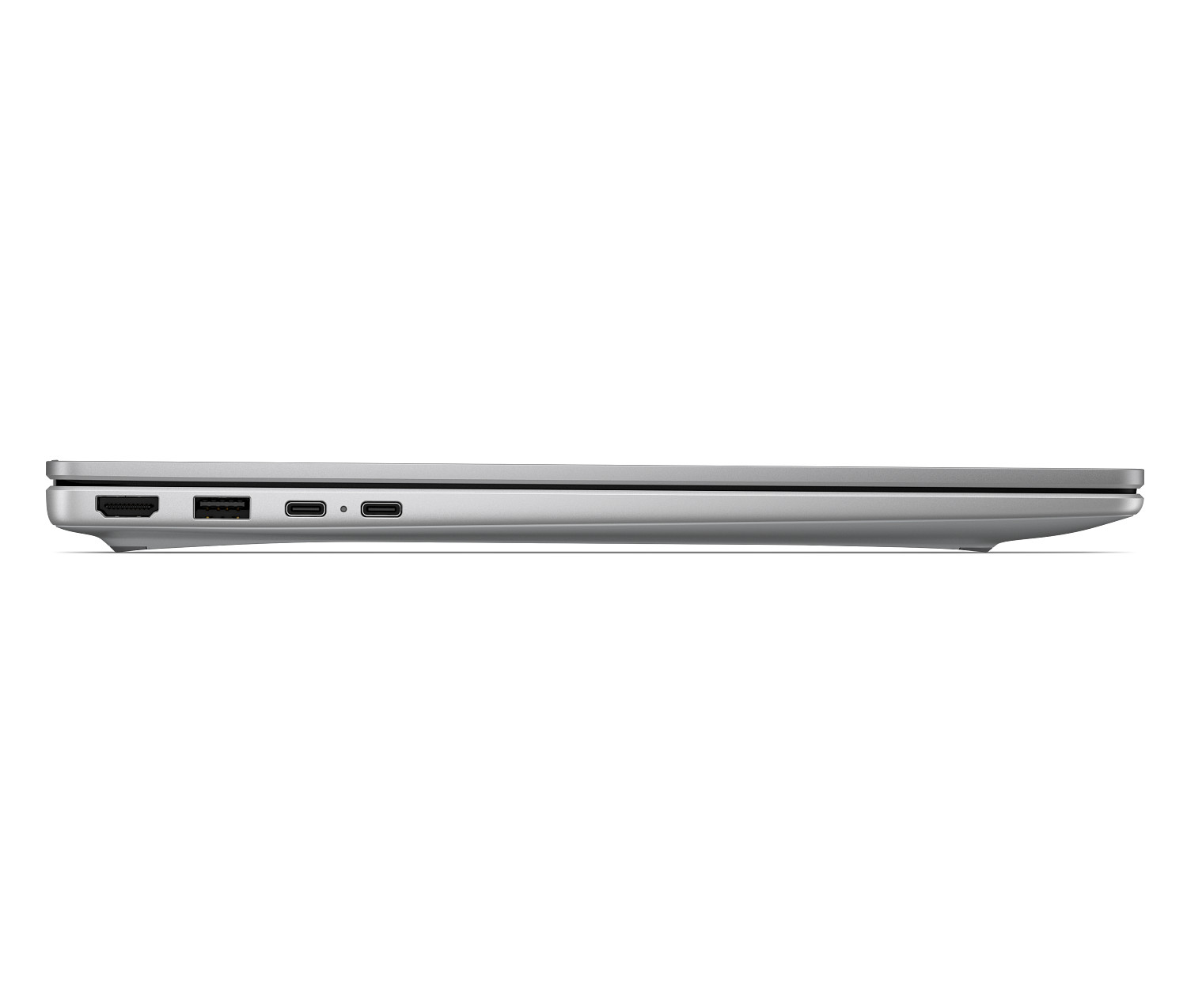 Seite eines silbernen Laptops mit Anschlüssen: HDMI, USB-A, zwei USB-C.