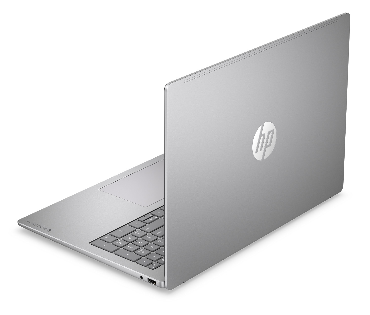Silberner HP-Laptop mit Tastatur und HP-Logo auf dem Deckel.