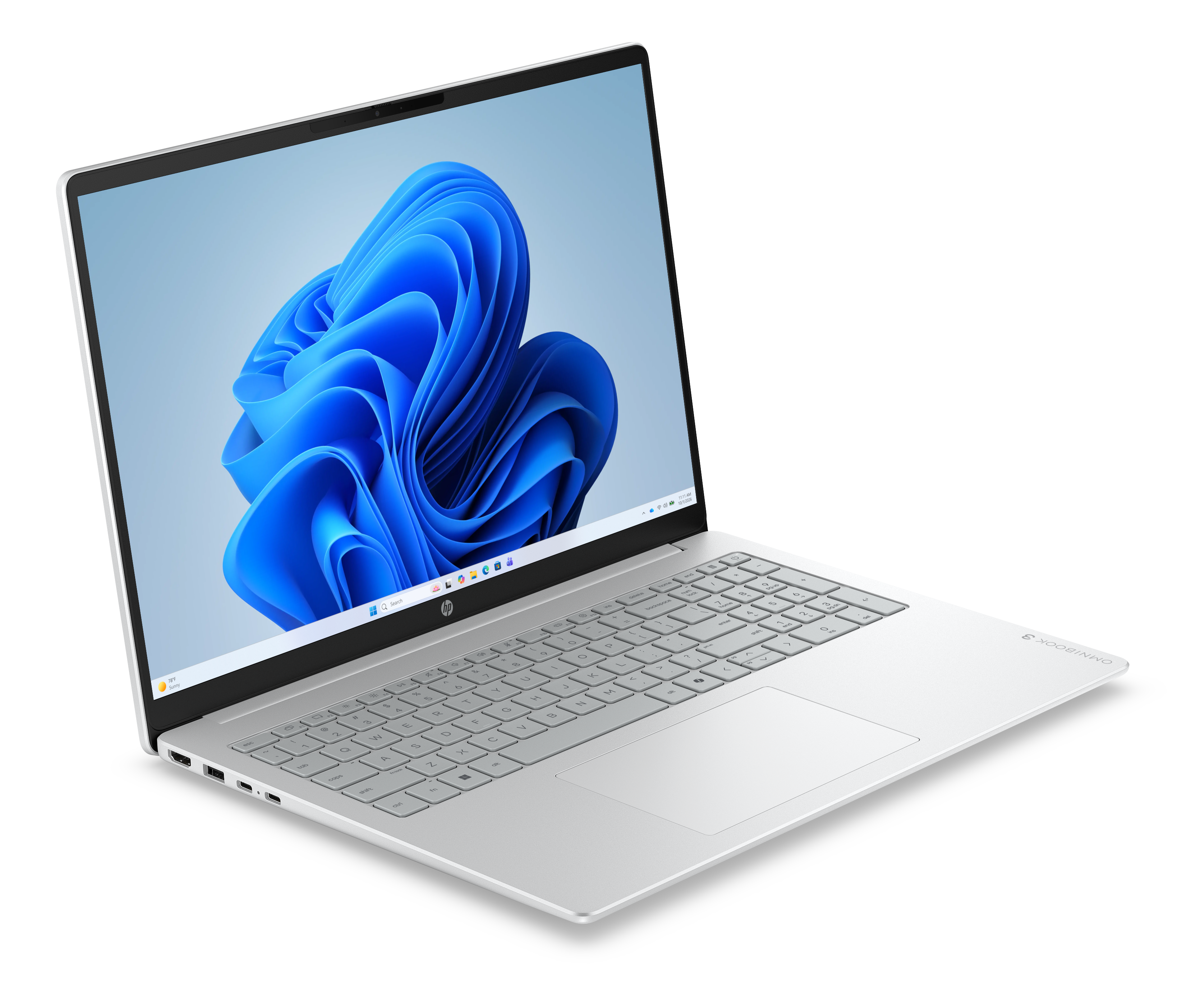Ein geöffneter silberner Laptop mit blauem Hintergrund auf dem Bildschirm.