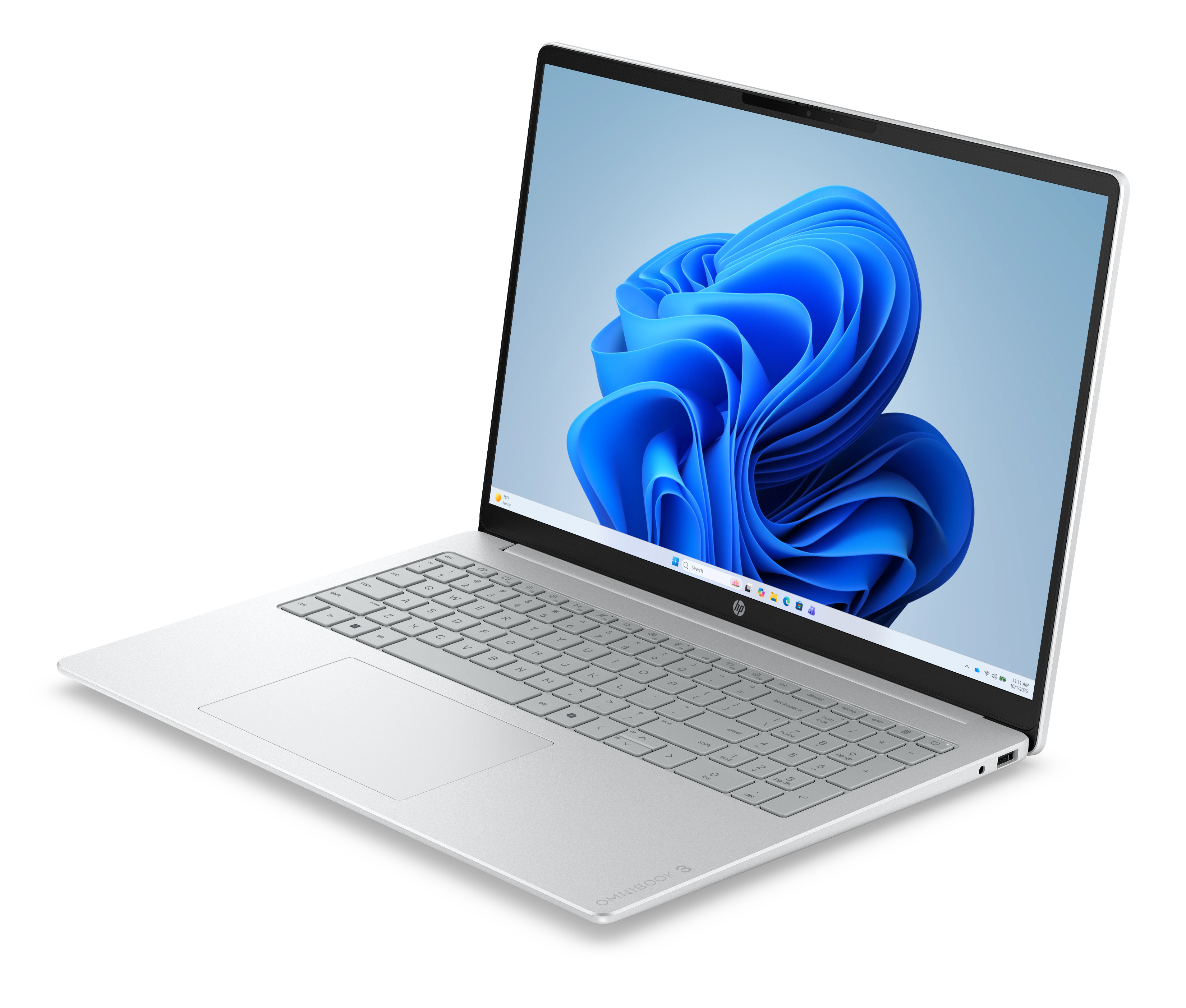 Ein weißer Laptop mit einem blauen Hintergrundbild und einer Tastatur.