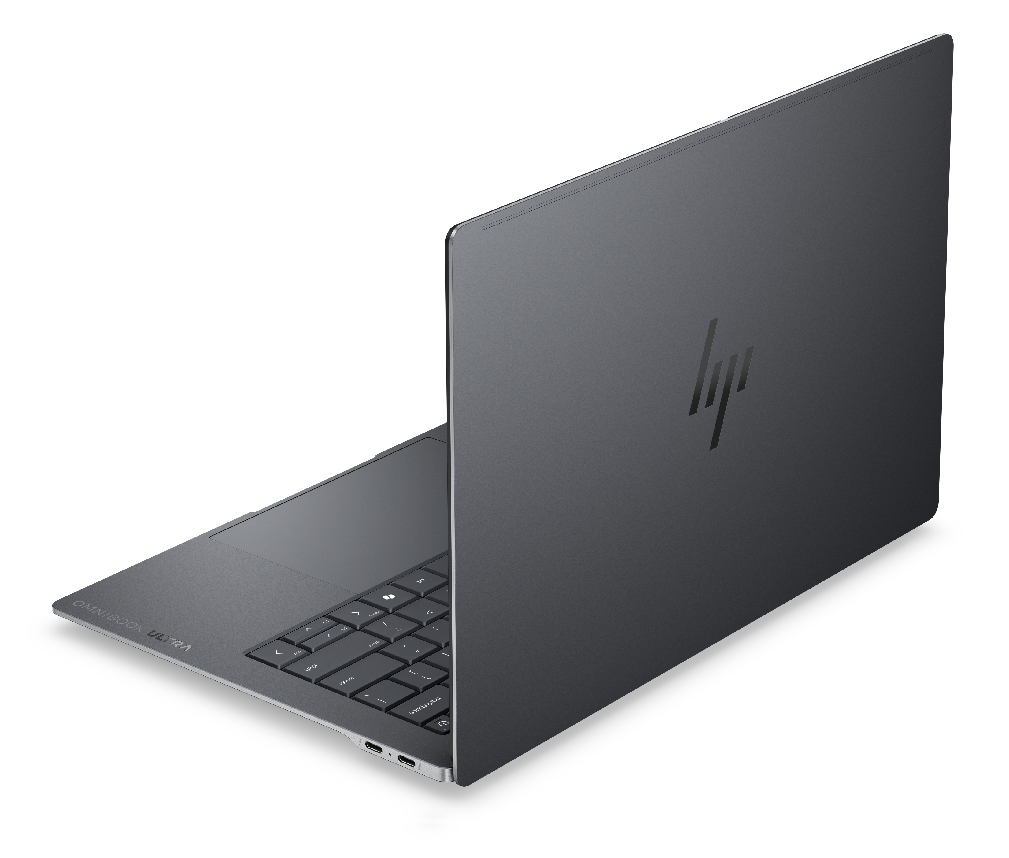 Szary laptop HP Omnibook Ultra, częściowo otwarty, pokazujący klawiaturę i porty.