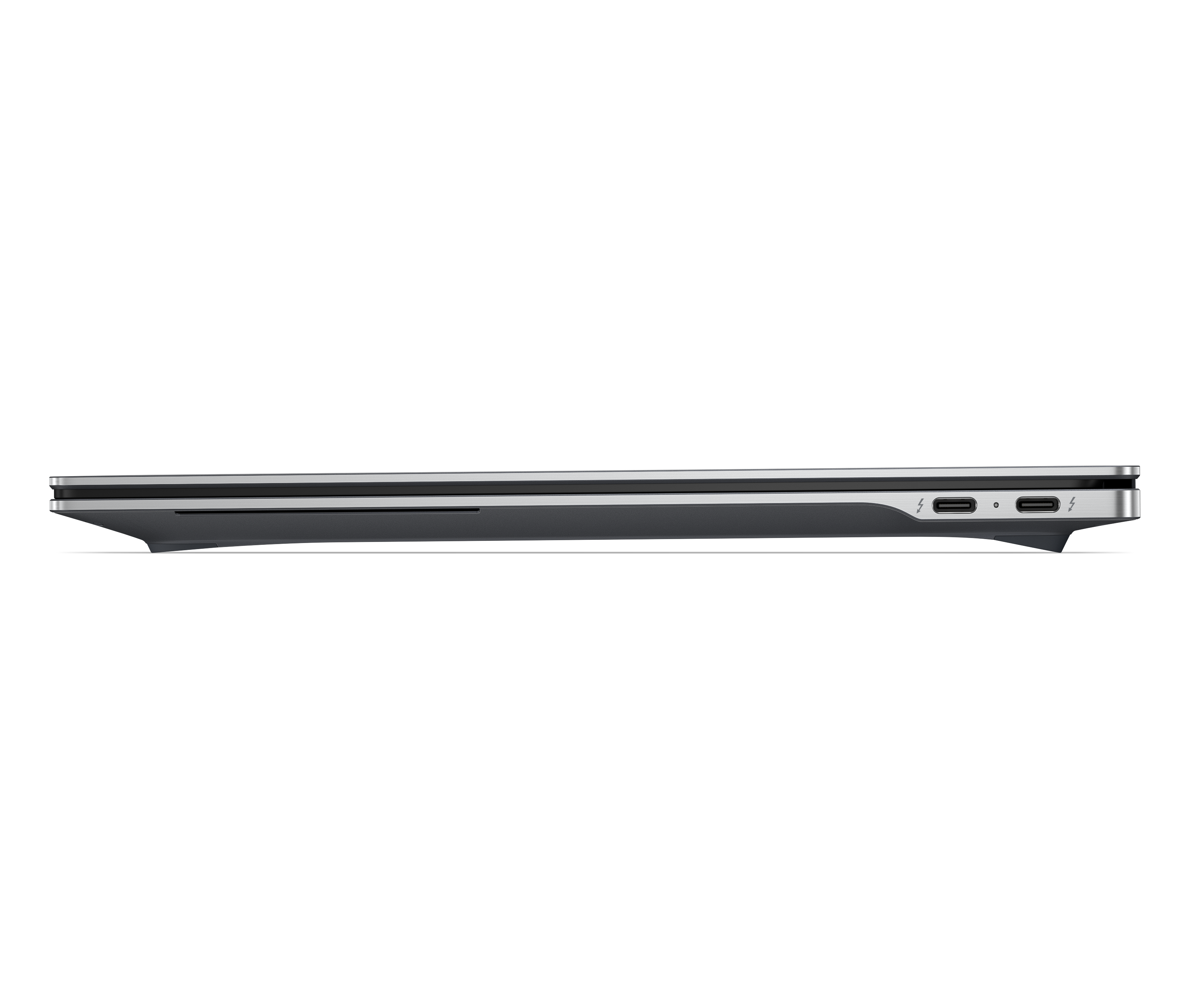 Widok z boku cienkiego laptopa z dwoma portami USB-C, srebrny i czarny.