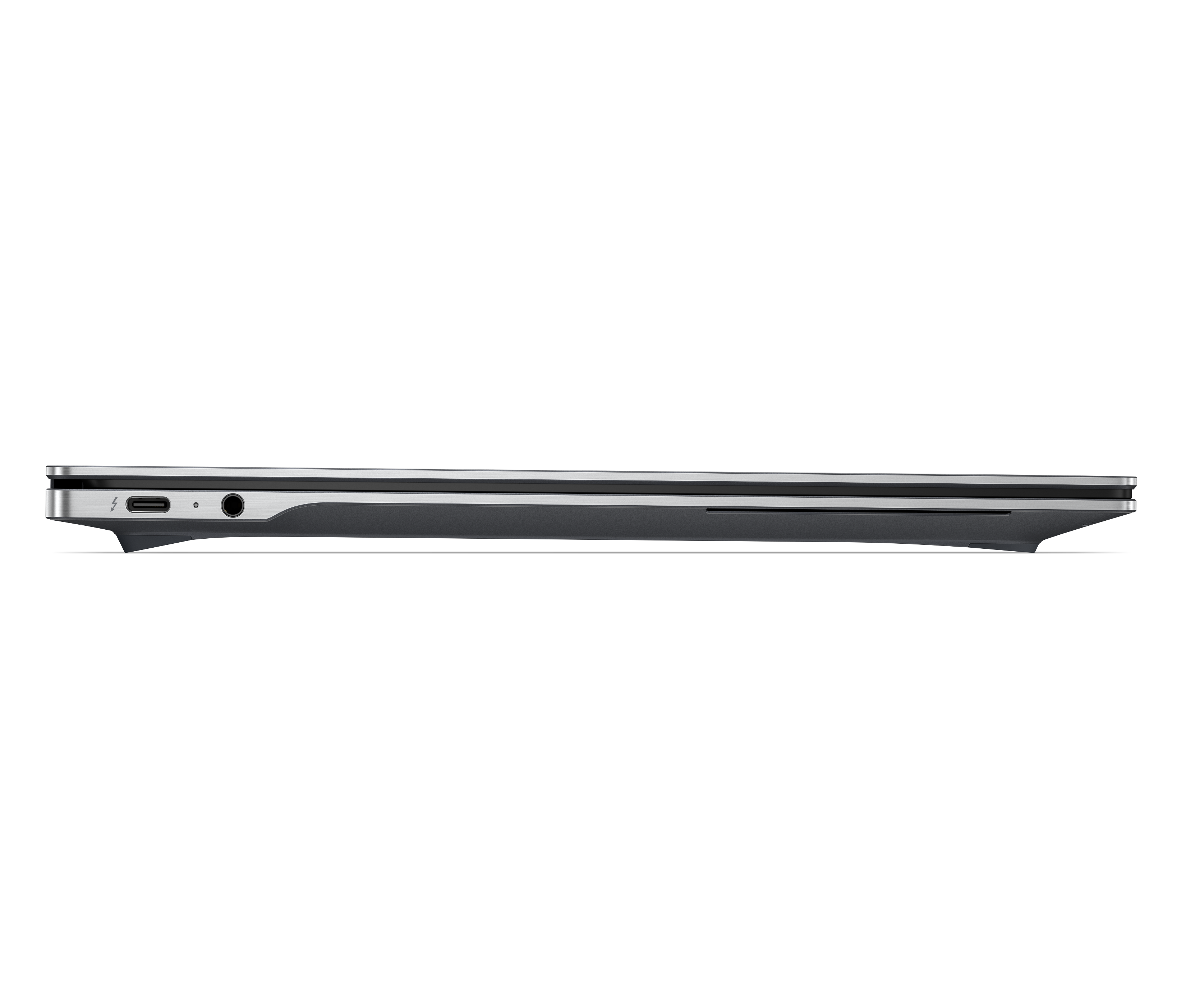 Bok smukłego laptopa z portami: USB-C, gniazdo słuchawkowe.