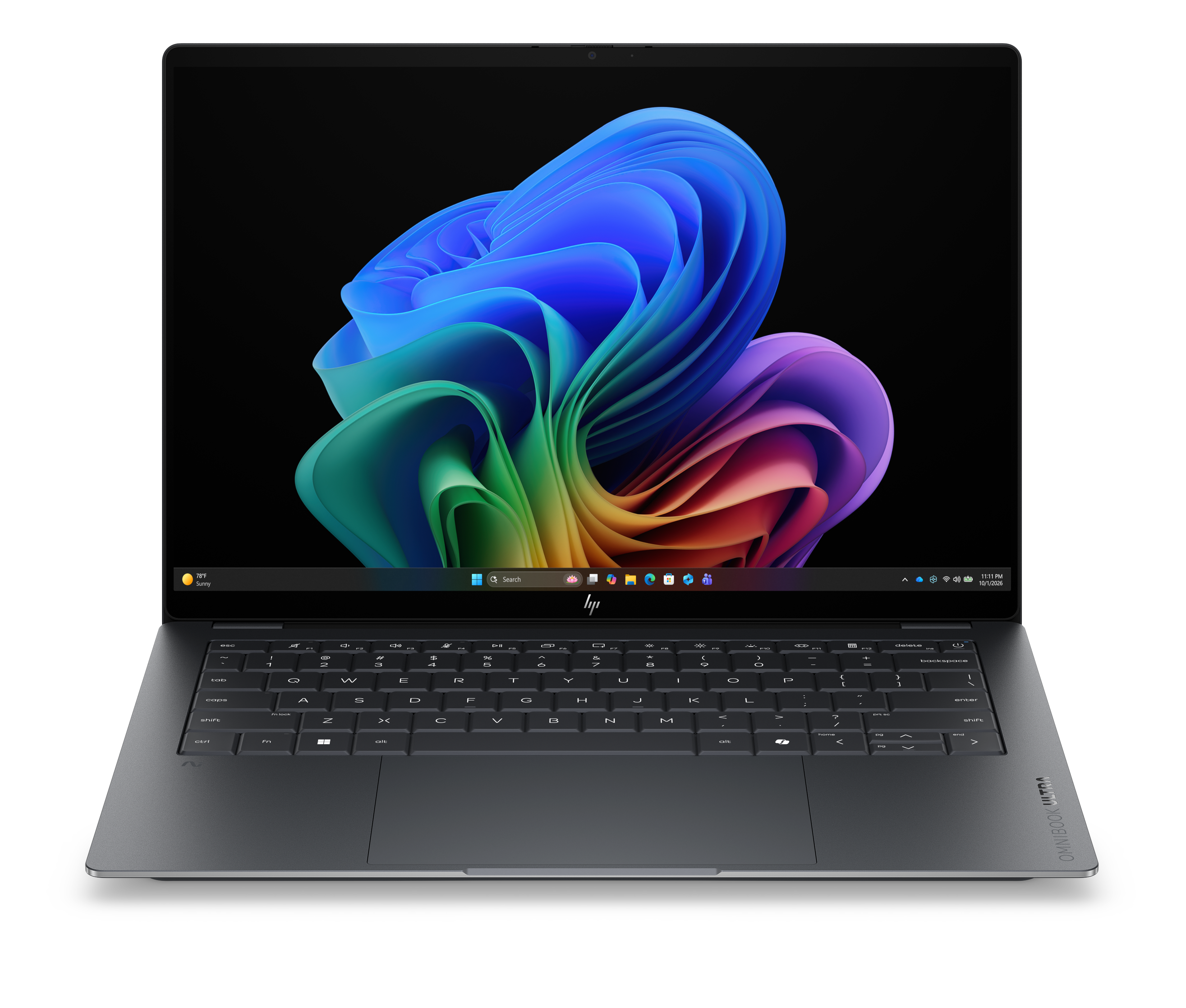 Otwarty laptop wyświetlający kolorową abstrakcyjną tapetę i klawiaturę.