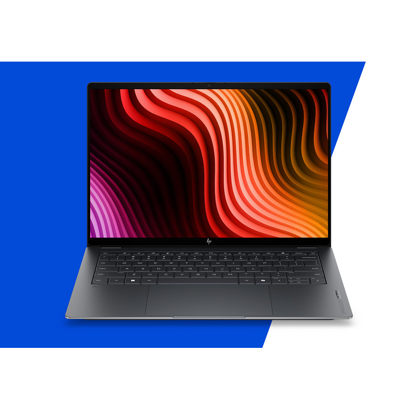 Ciemnoszary laptop HP z kolorową falistą tapetą na ekranie.