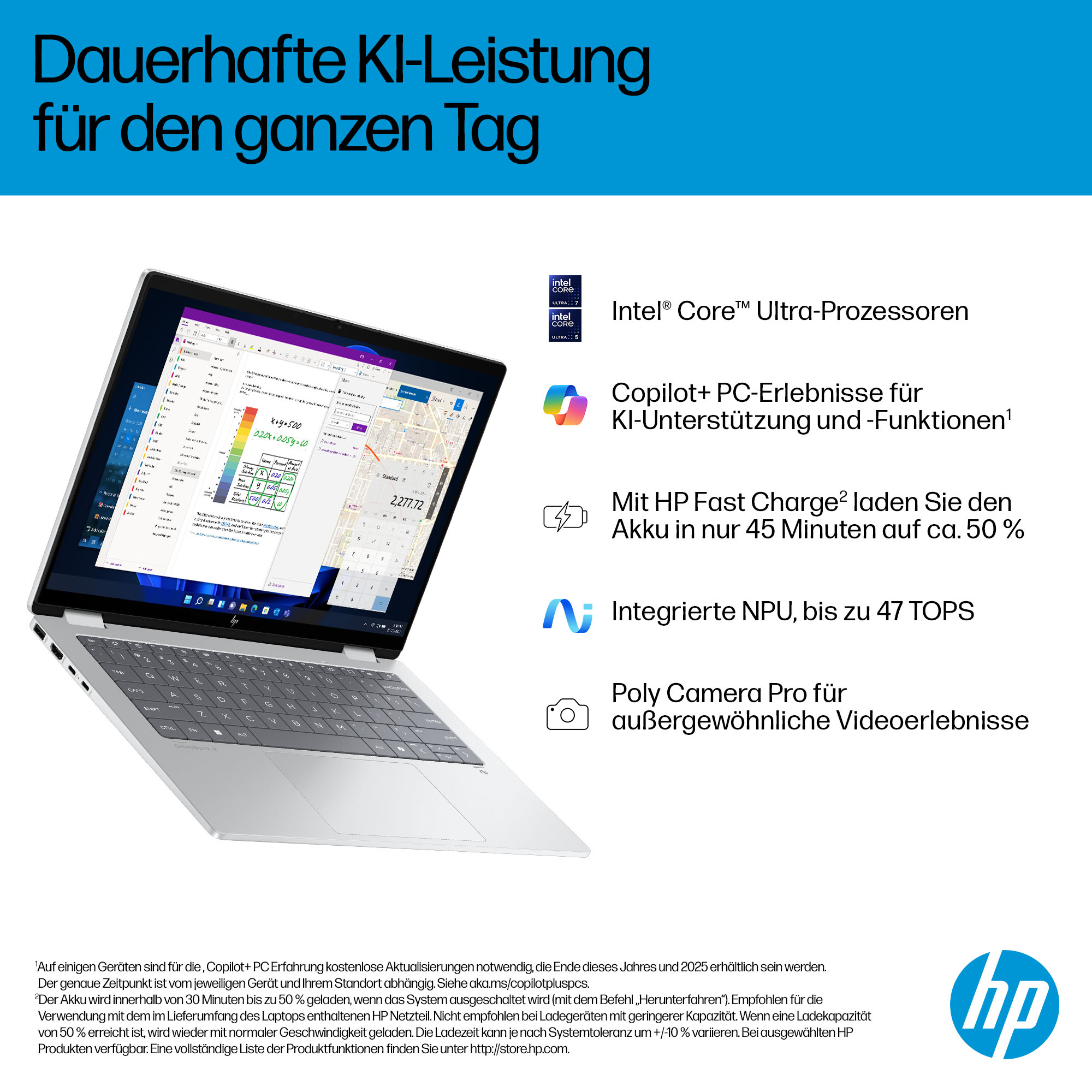 Ein Laptop mit Intel Core Ultra Prozessoren, Copilot+ KI-Funktionen und Fast Charge.