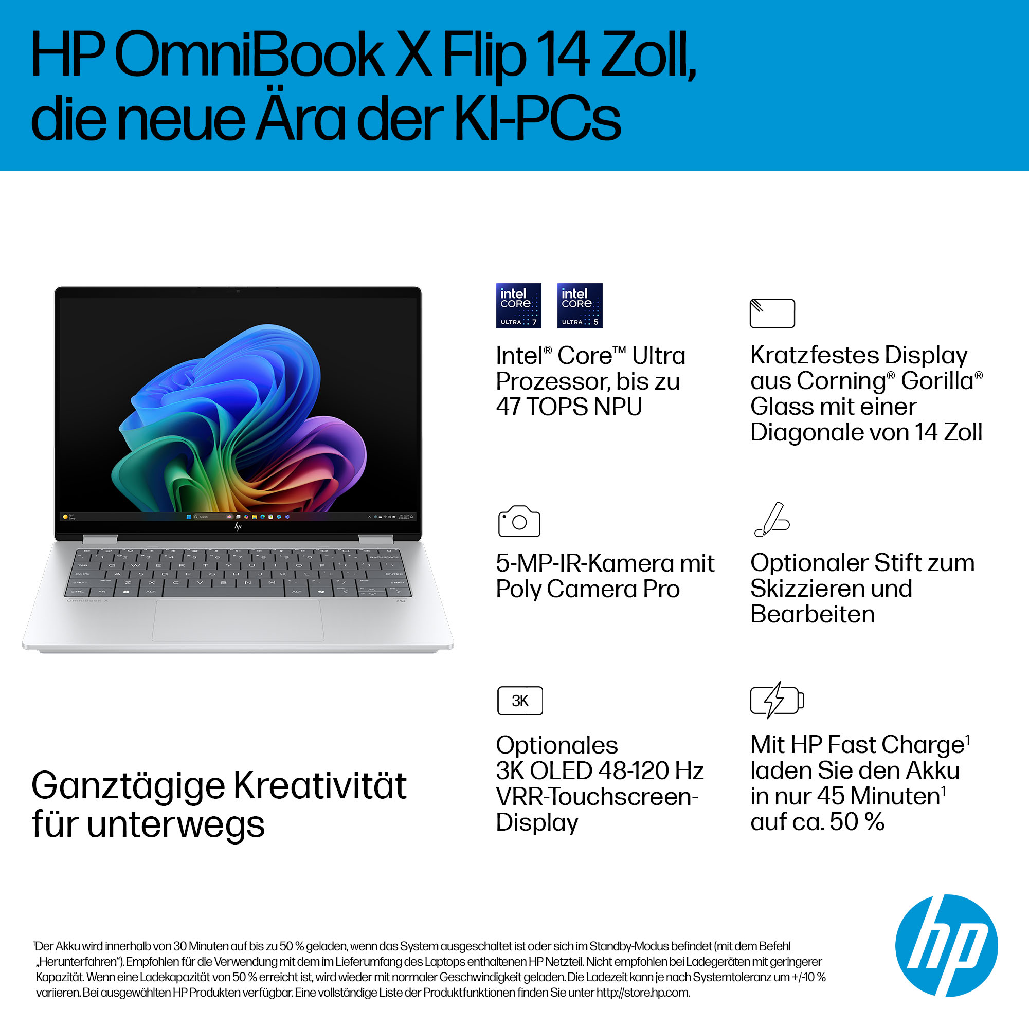HP OmniBook X mit 14-Zoll-Display, Intel Core Ultra, 3K OLED und HP Fast Charge.