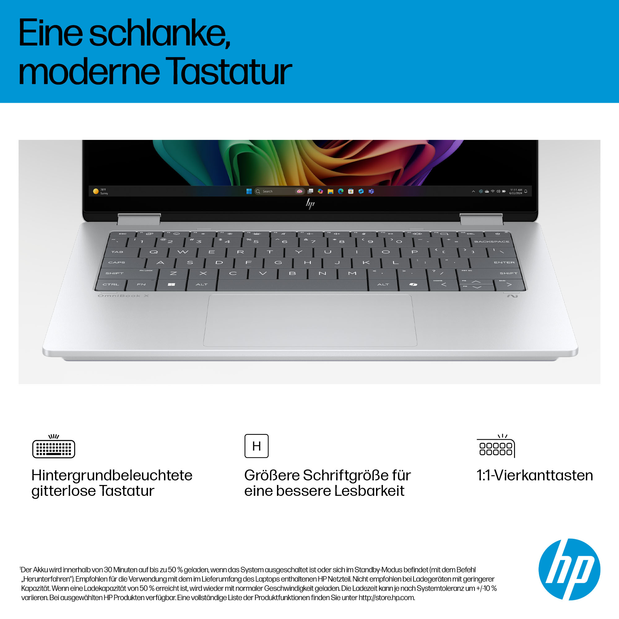 Ein schlankes HP Laptop mit Tastatur und Bildschirm, der Text hebt Funktionen hervor.