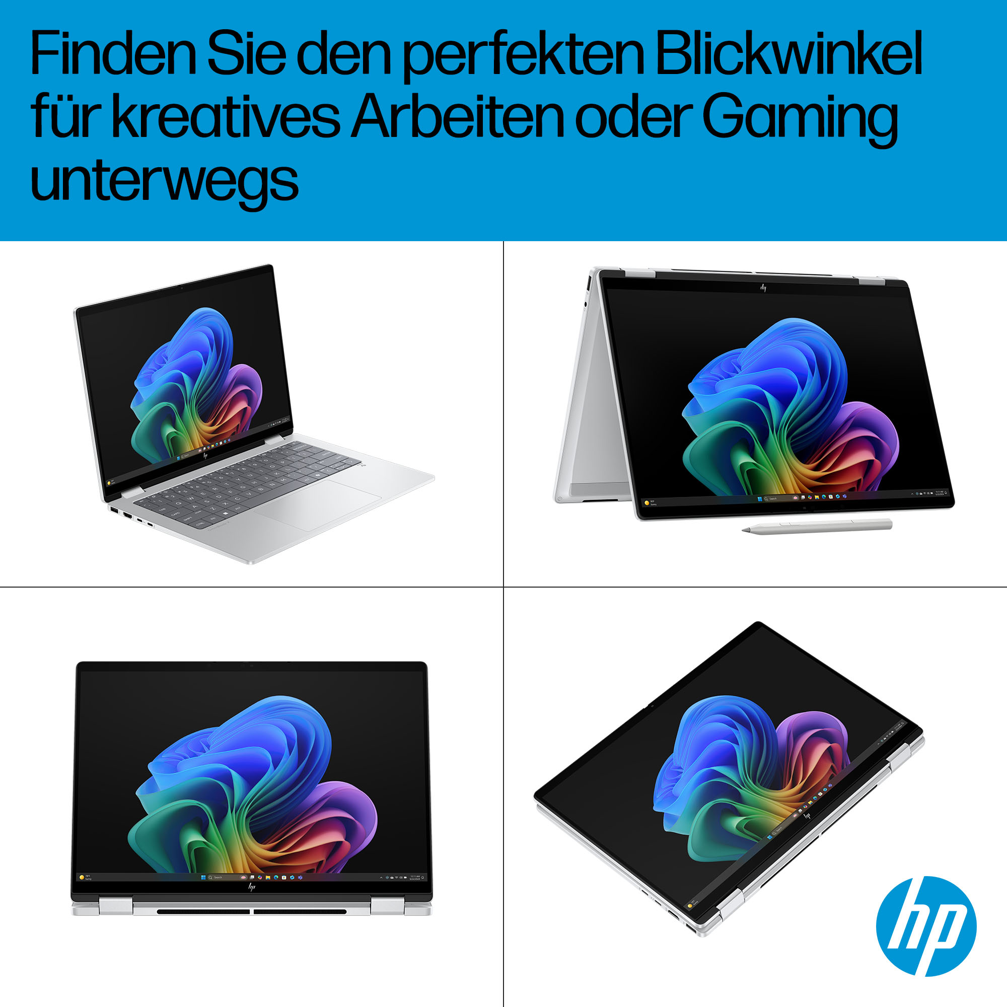 Vier Ansichten eines silbernen HP Laptops mit bunter Desktop-Hintergrundgrafik.