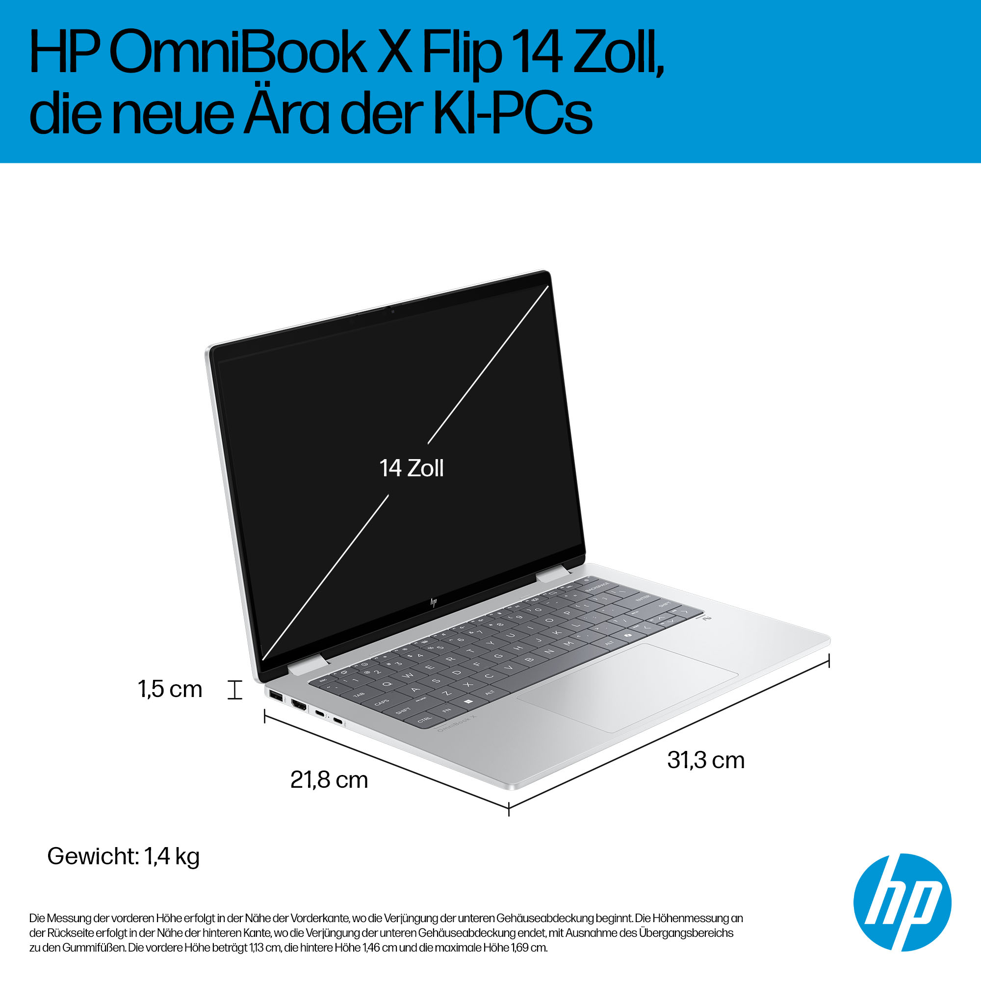 Ein silberner HP OmniBook X Laptop mit 14-Zoll-Bildschirm wird auf weißem Hintergrund gezeigt.