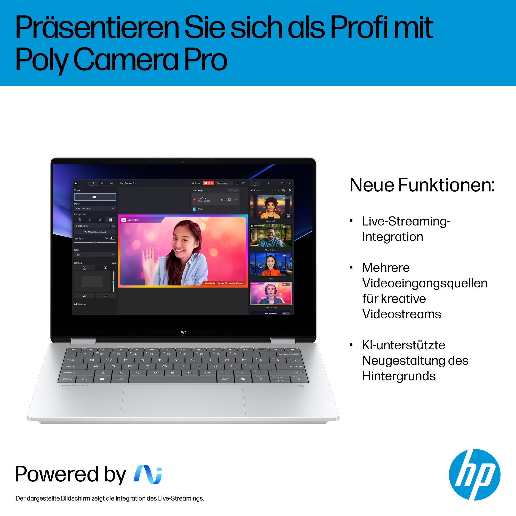 Ein Laptop zeigt die Poly Camera Pro Software mit Live-Streaming-Funktionen.