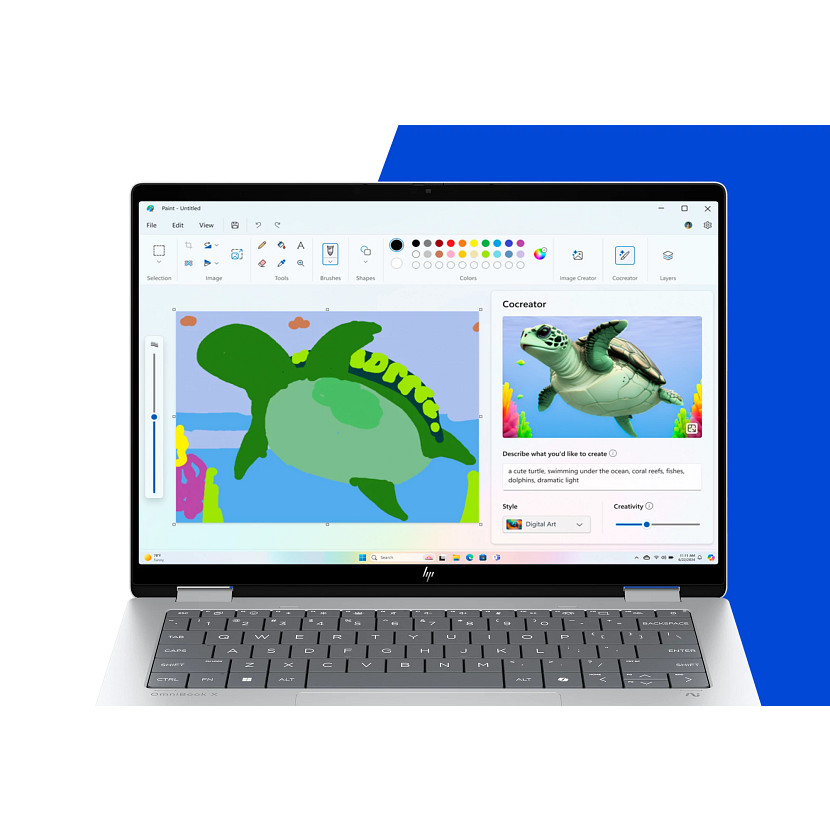 Laptop-Bildschirm zeigt Paint-App mit einer Schildkrötenzeichnung und einem generierten Schildkrötenbild.