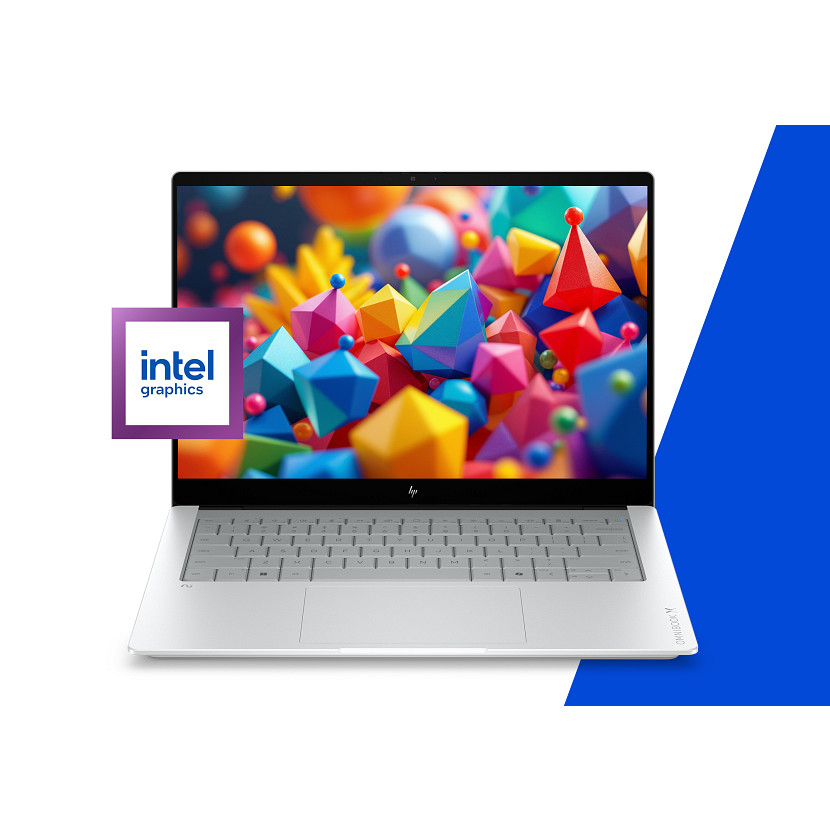 Laptop z kolorowym, geometrycznym tłem i logo Intel Graphics.