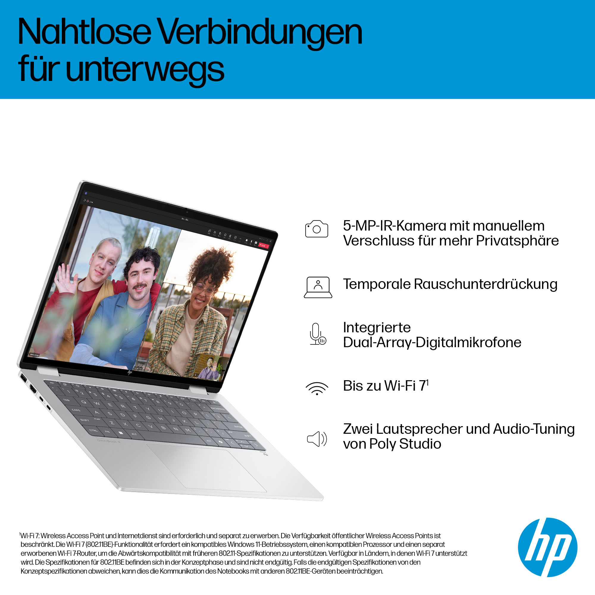 HP Laptop zeigt Videoanruf mit drei Personen. Features: 5MP Kamera, Rauschunterdrückung, Mikrofon, Wi-Fi 7.