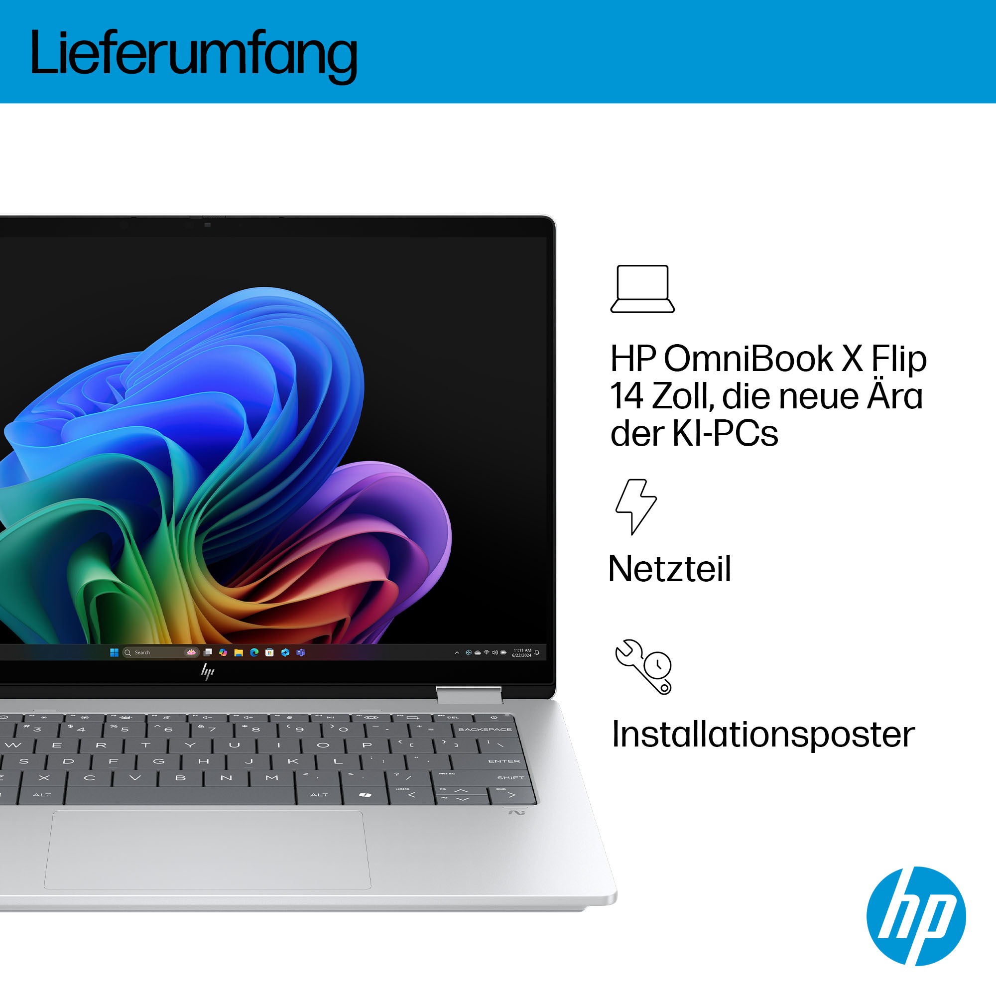 HP OmniBook X Flip 14 Zoll Laptop mit bunter Wallpaper, Netzteil & Poster.