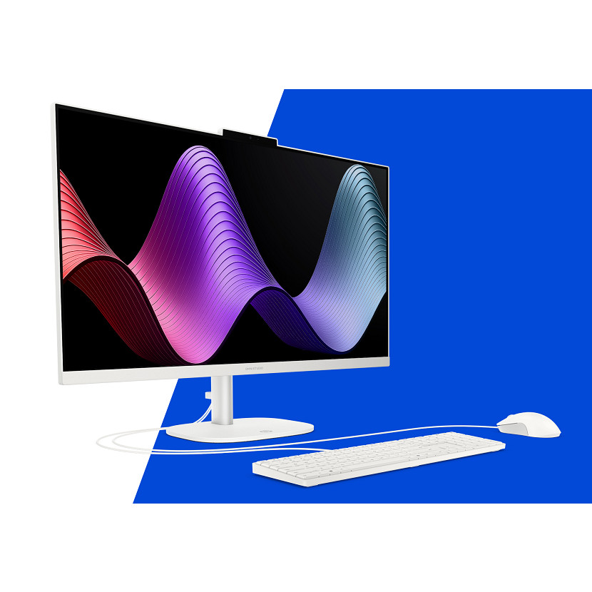 Ein weißer All-in-One-PC mit Tastatur und Maus auf blau-weißem Hintergrund.