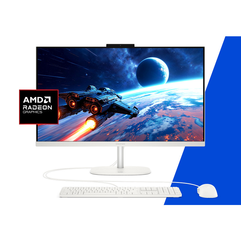 Ein All-in-One-PC mit AMD Radeon-Grafik zeigt ein Raumschiff über einer Welt.