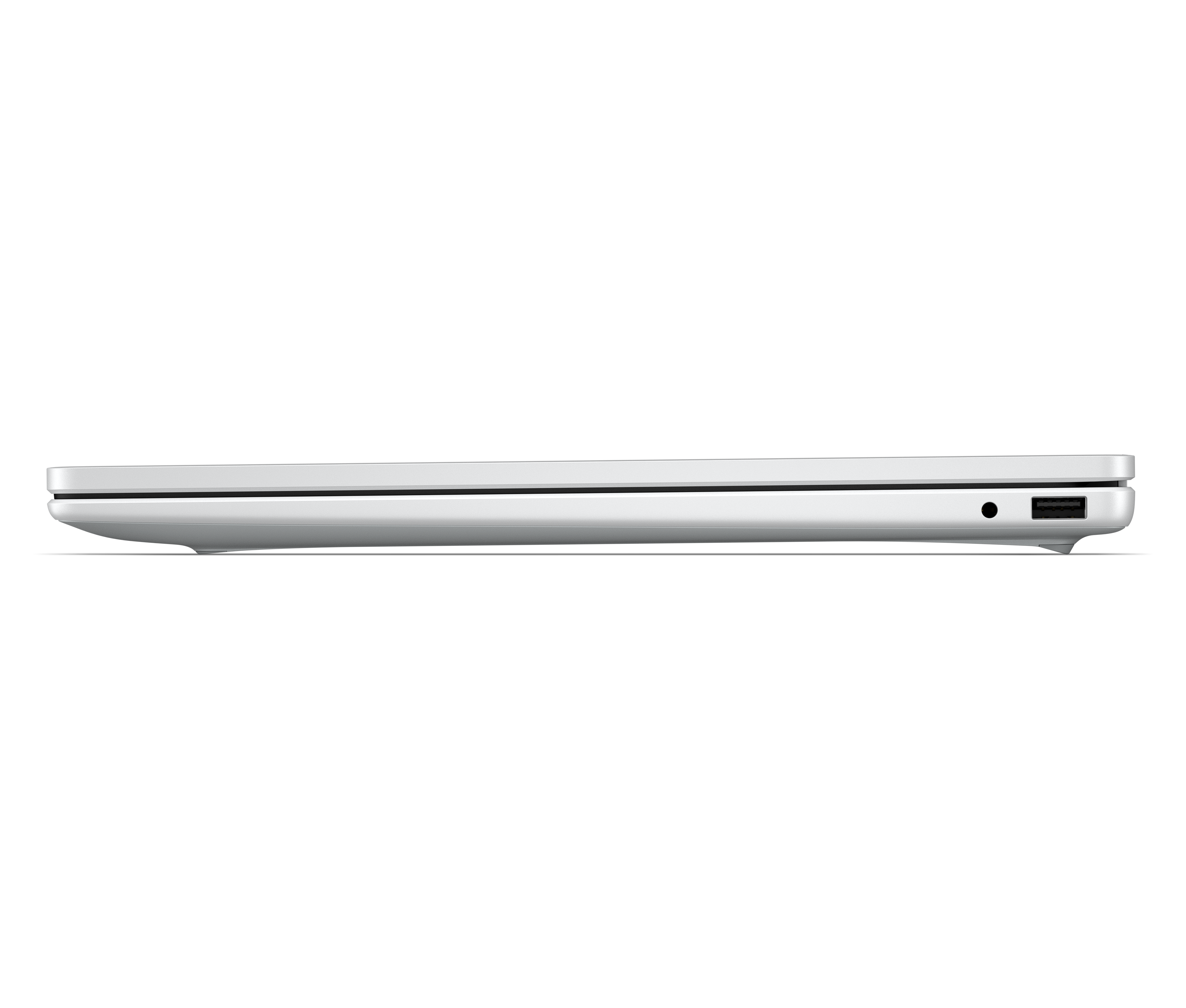 Geschlossener heller Laptop von der Seite mit einem USB-Anschluss.