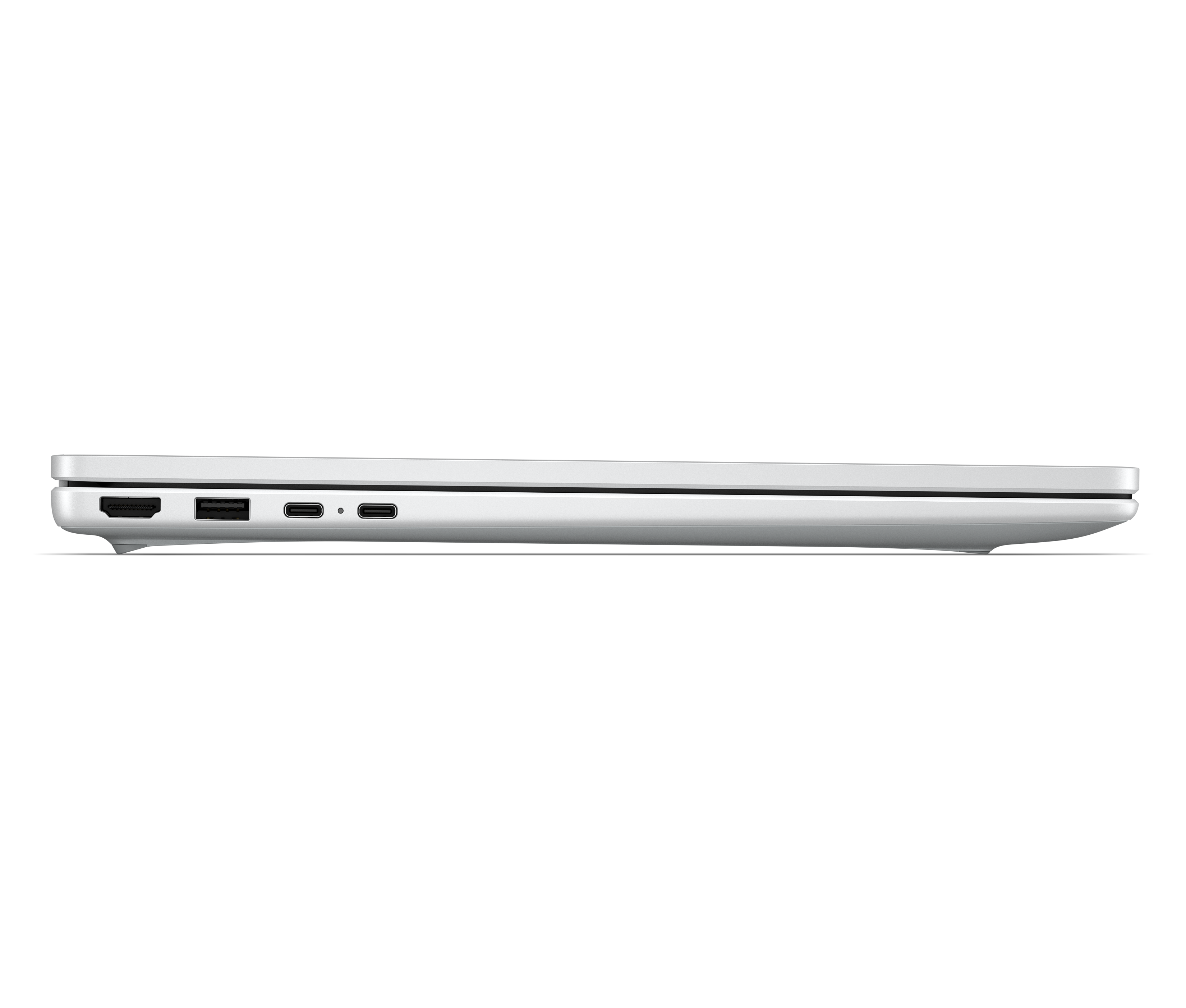 Seitenansicht eines geschlossenen weißen Laptops mit USB-Anschlüssen.