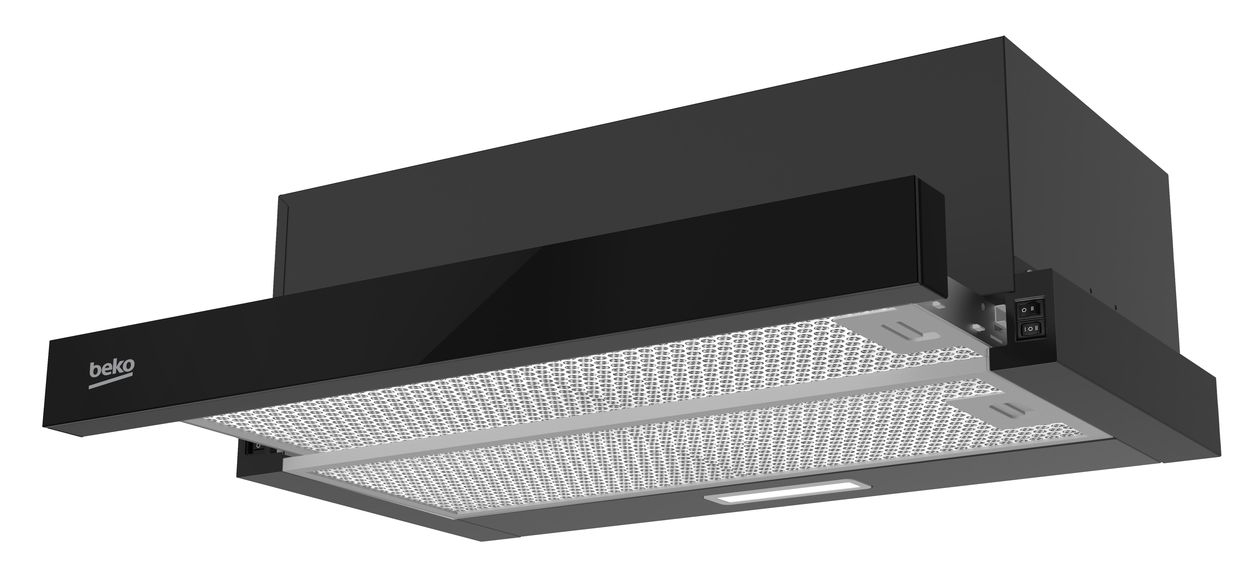 Czarny okap kuchenny z metalowymi filtrami i oświetleniem.